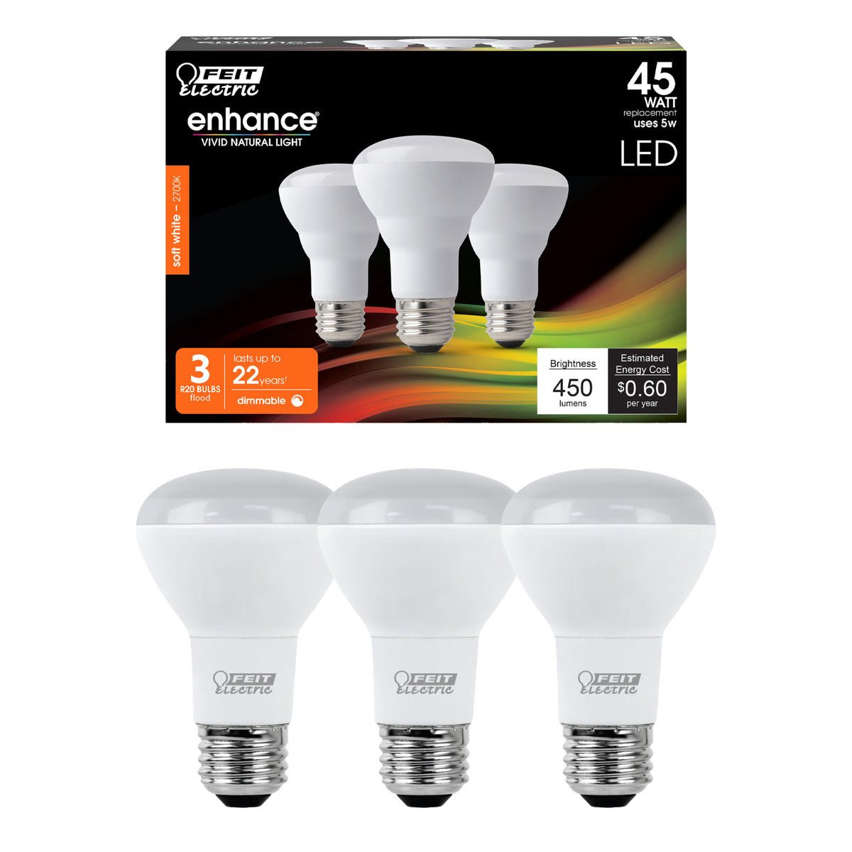 5W (45W Replacement) Soft White (2700K) R20 Dimmable Enhance Reflector LED (3-Pack)