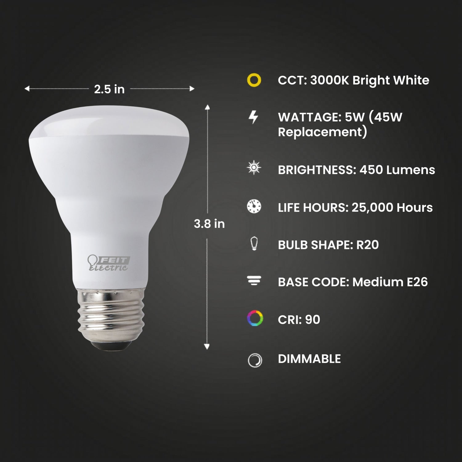 5W (45W Replacement) Bright White (3000K) E26 Base R20 Dimmable Enhance Reflector LED (3-Pack)