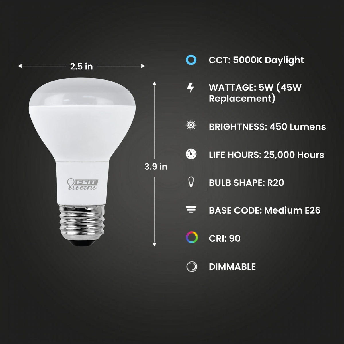 5W (45W Replacement) (5000K) E26 Base R20 Dimmable Enhance Reflector LED (3-Pack)