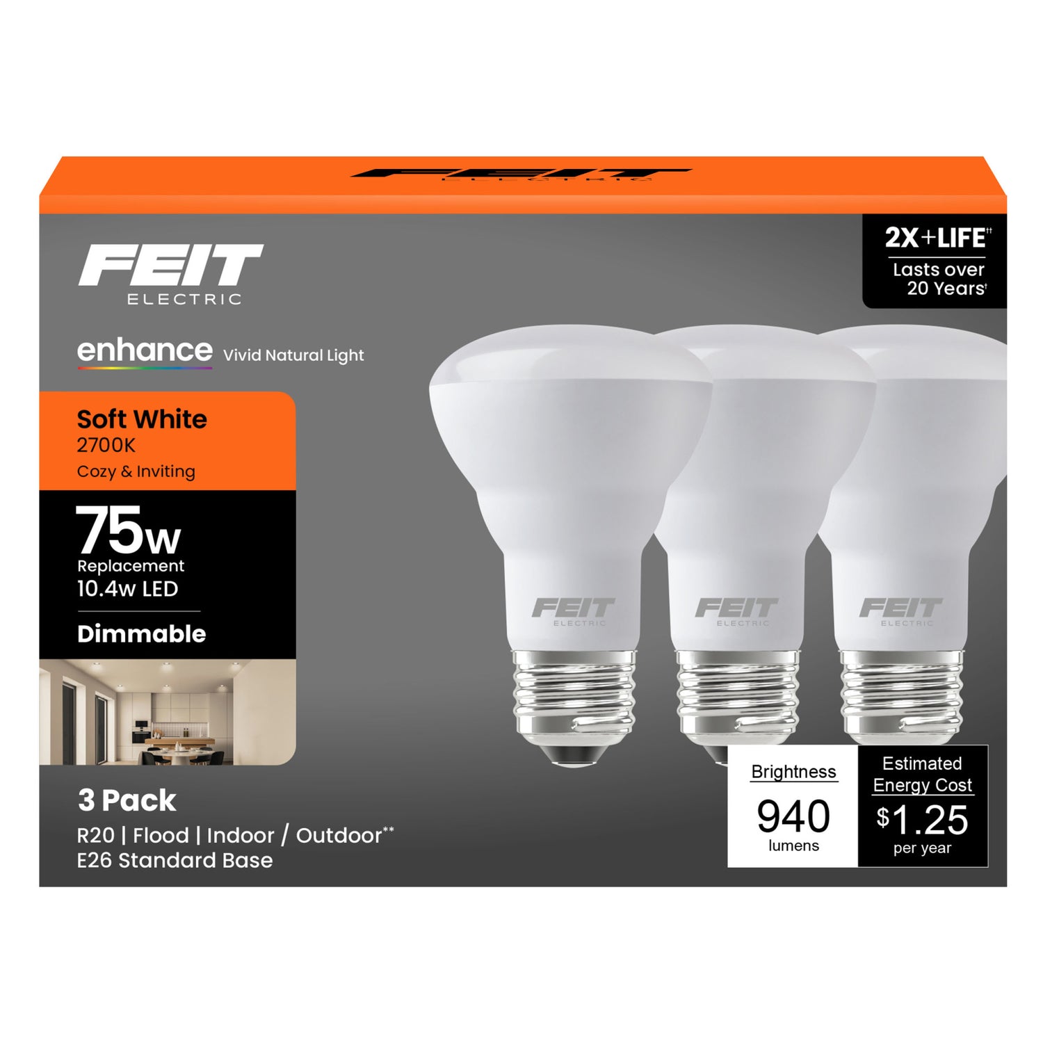 10.4W (75W Replacement) Soft White (2700K) E26 Base R20 Dimmable Enhance Reflector LED (3-Pack)