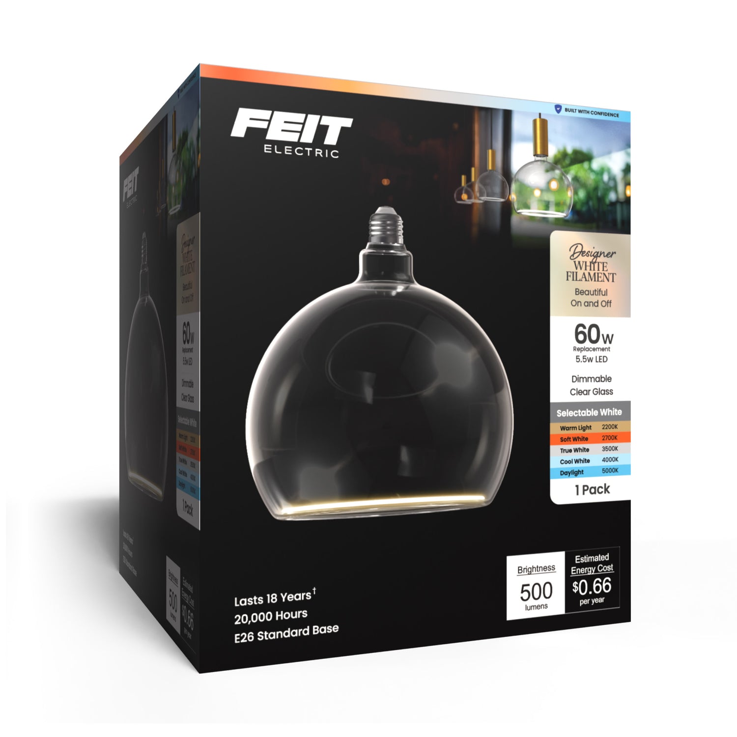 5.5W (60W Replacement) Clear Globe E26 Dimmable White Filament LED Bulb, Selectable White