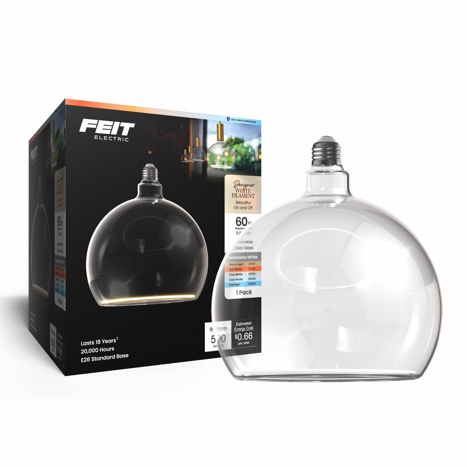 5.5W (60W Replacement) Clear Globe E26 Dimmable White Filament LED Bulb, Selectable White