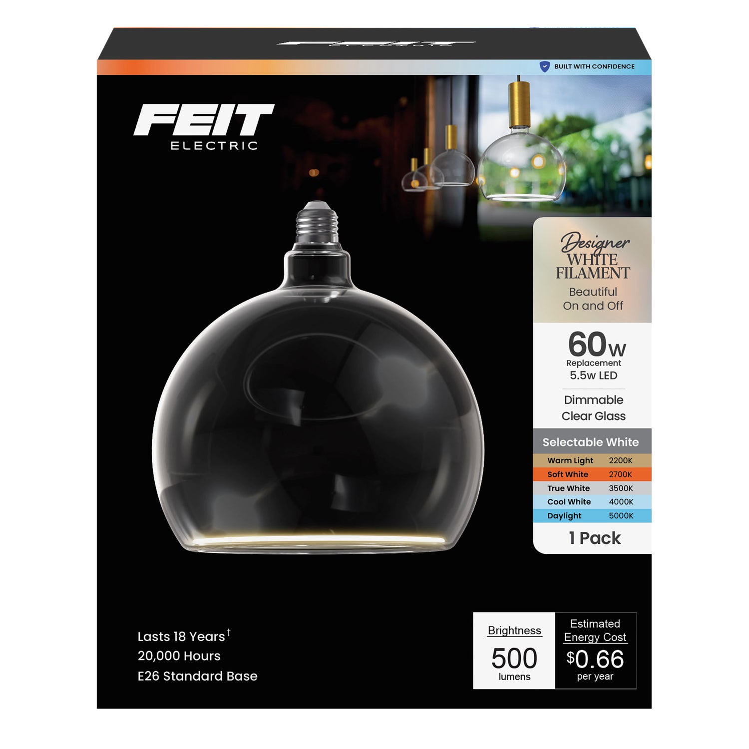 5.5W (60W Replacement) Clear Globe E26 Dimmable White Filament LED Bulb, Selectable White