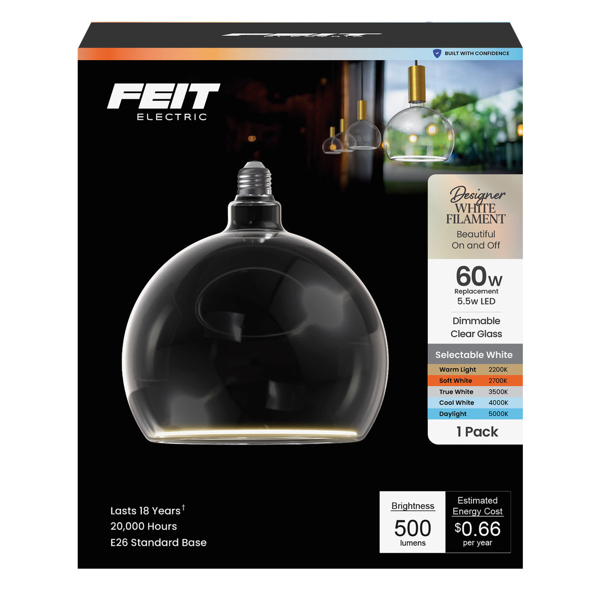5.5W (60W Replacement) Clear Globe E26 Dimmable White Filament LED Bulb, Selectable White