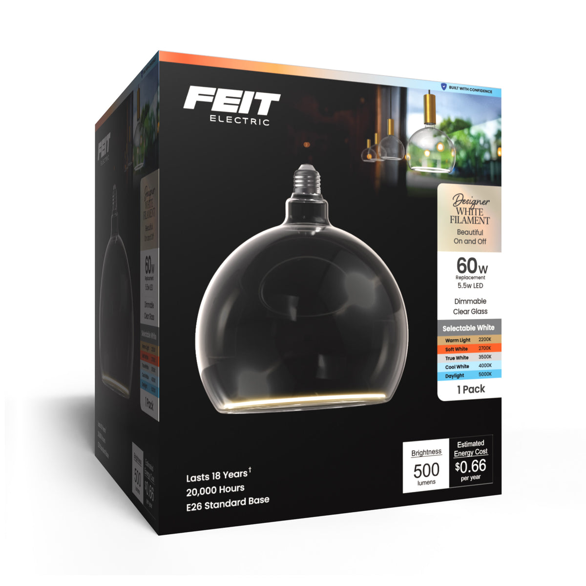 5.5W (60W Replacement) Clear Globe E26 Dimmable White Filament LED Bulb, Selectable White