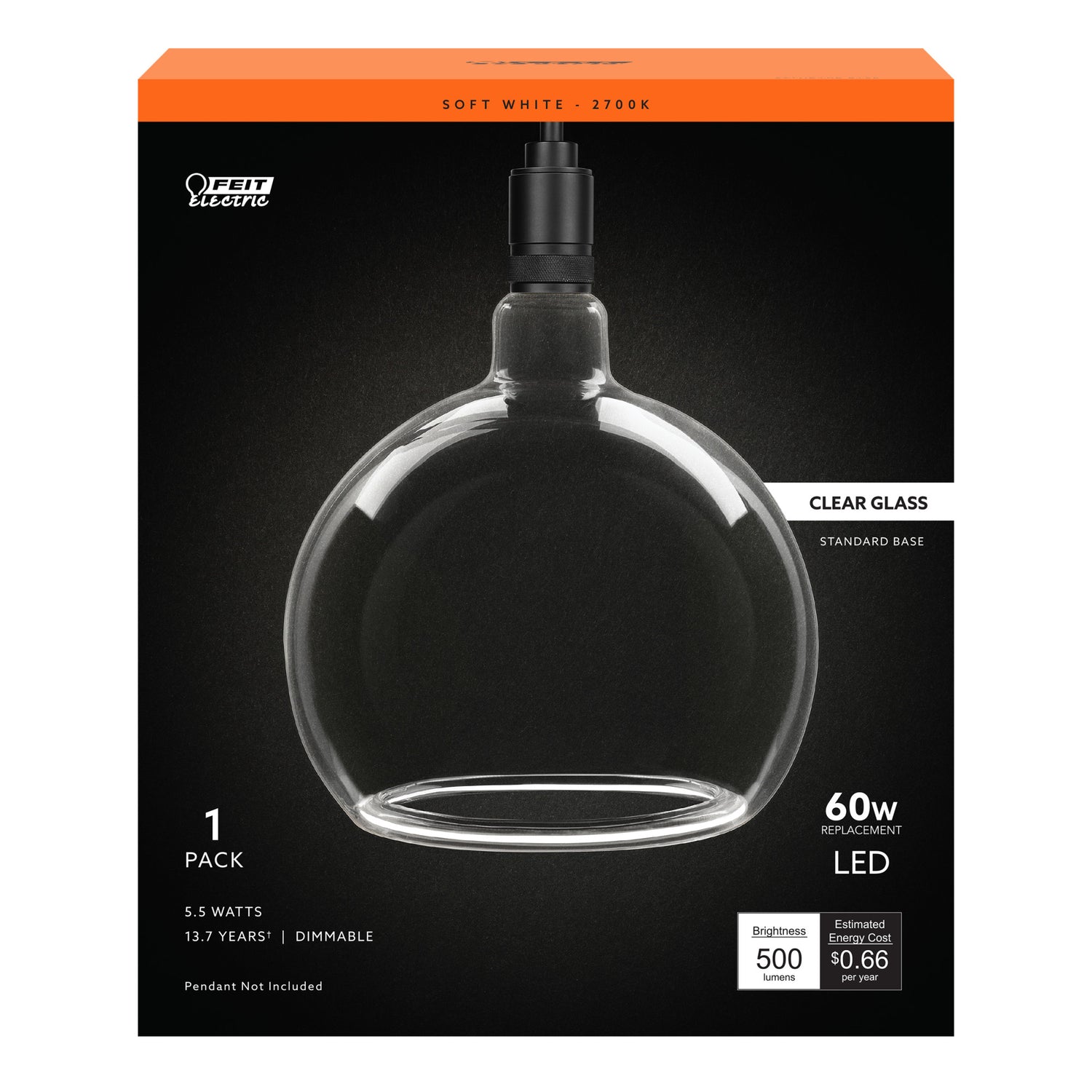 5.5W Soft White (2700K) Clear Globe White Filament LED Bulb