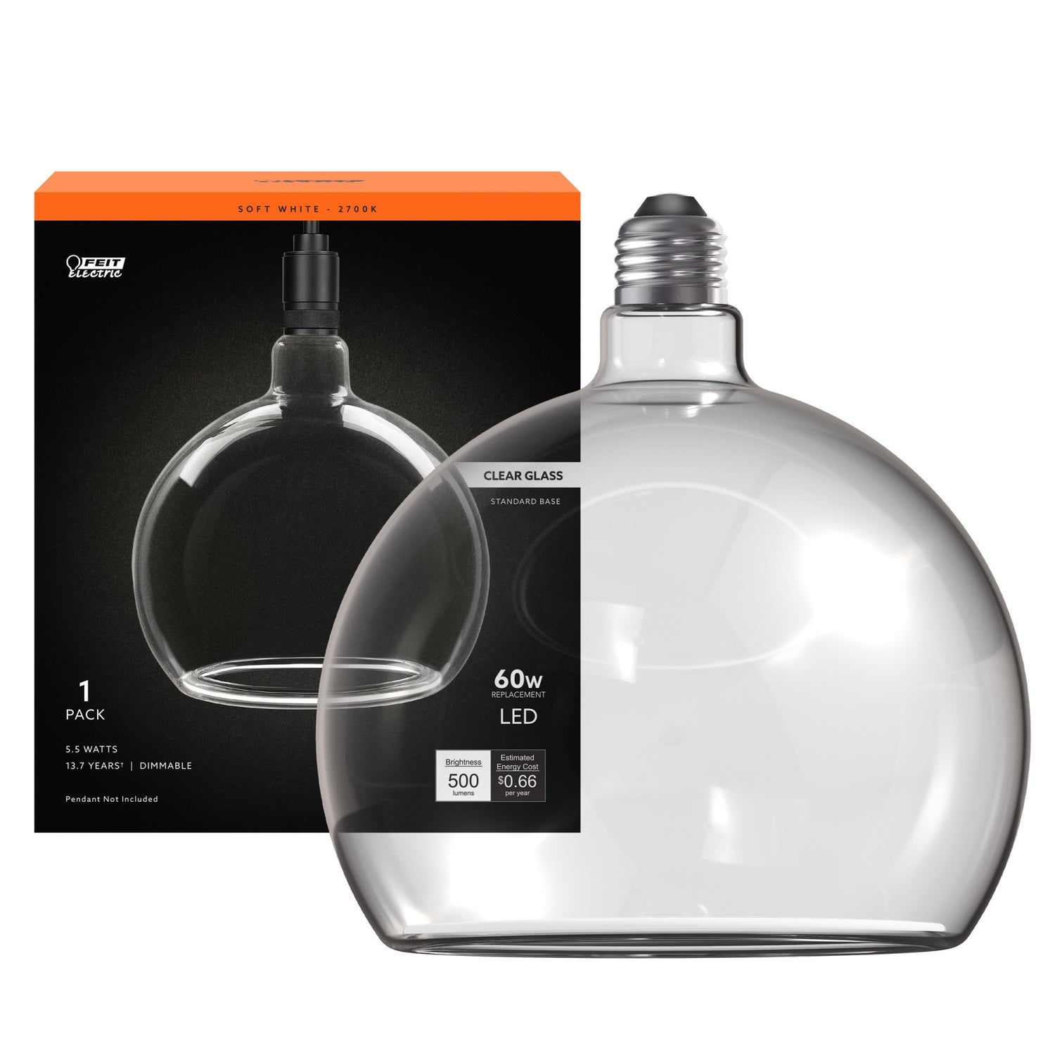 5.5W Soft White (2700K) Clear Globe White Filament LED Bulb