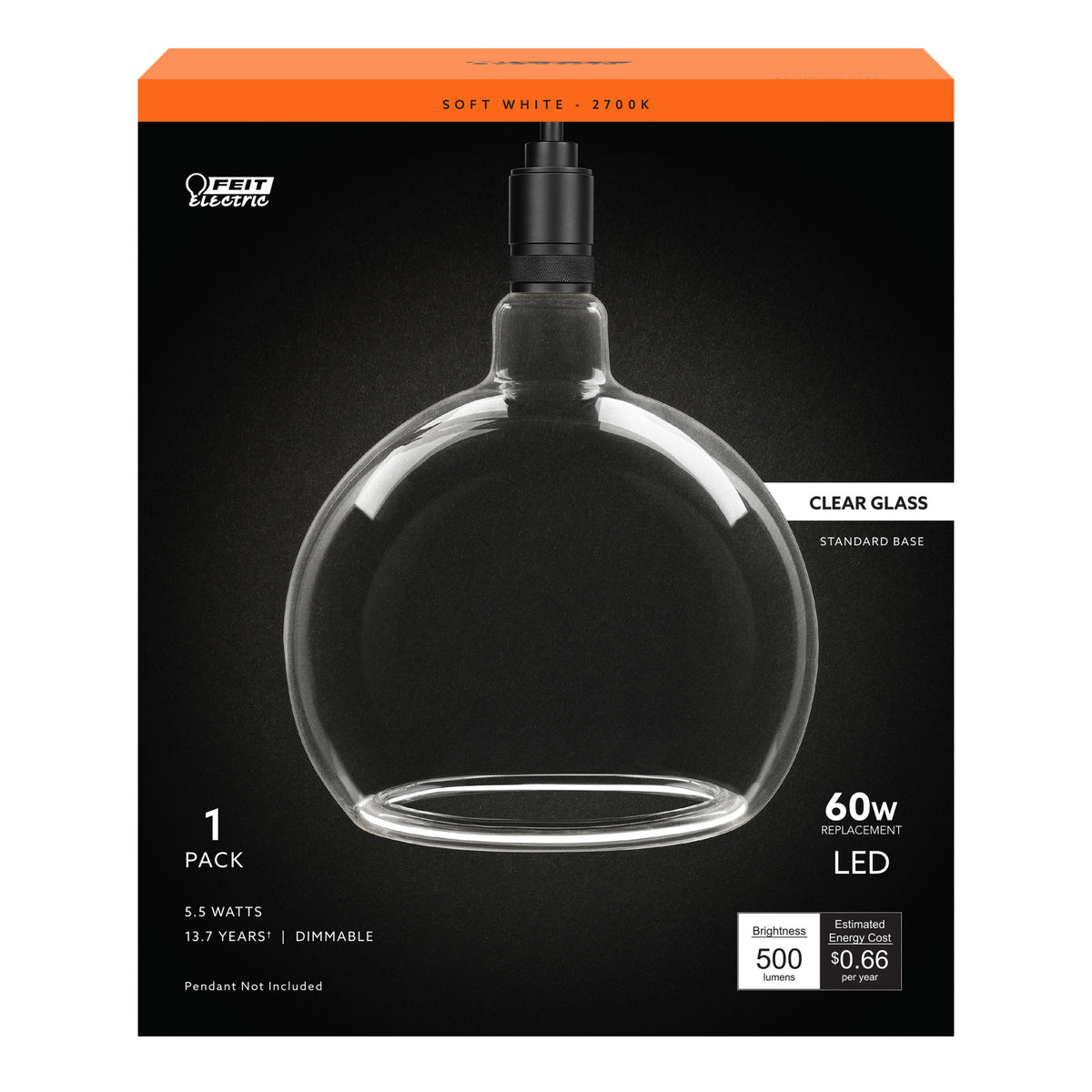 5.5W Soft White (2700K) Clear Globe White Filament LED Bulb