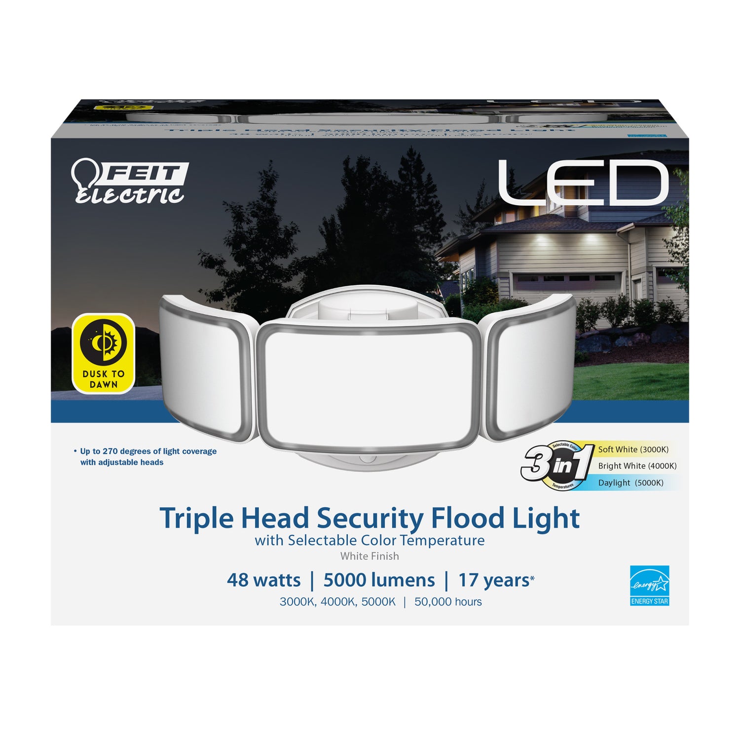 10.5 in. 48W Selectable White (3CCT) White LED Triple Head Flood Light