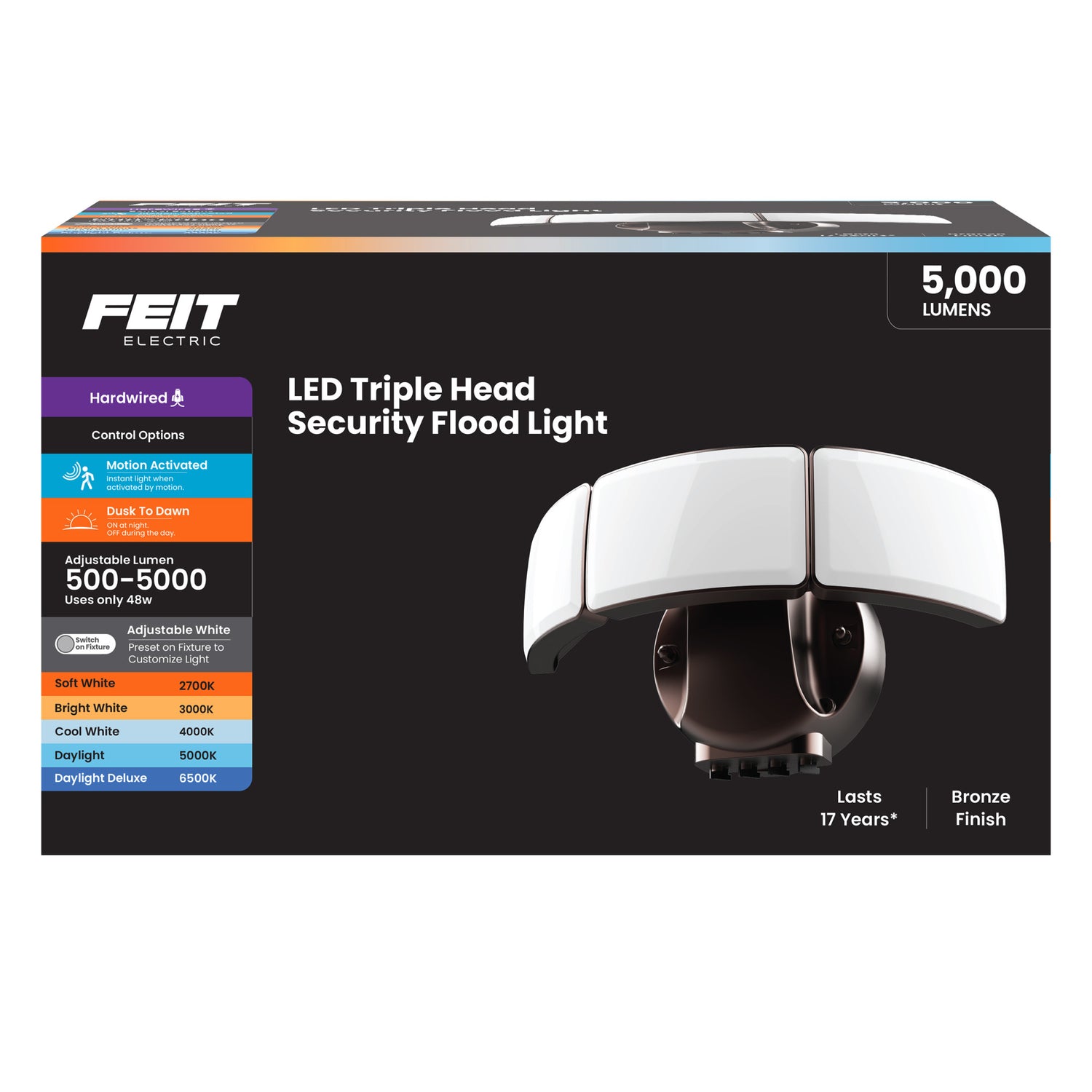 10.5 in. Adjustable White Triple Head Motion Security Flood Light, Bronze