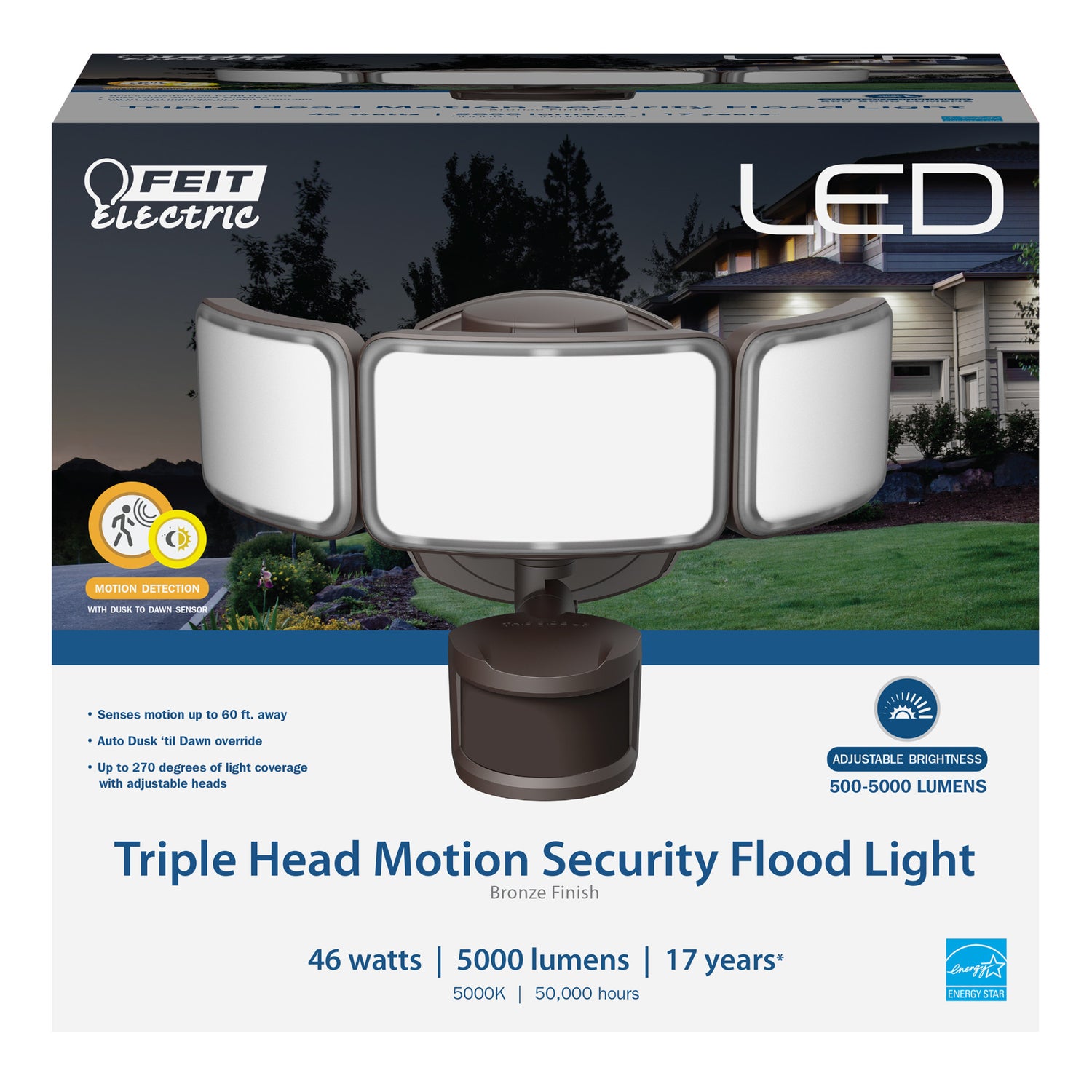 46W Daylight (5000K) Bronze Triple Head Dusk to Dawn Motion Sensor LED Flood Light