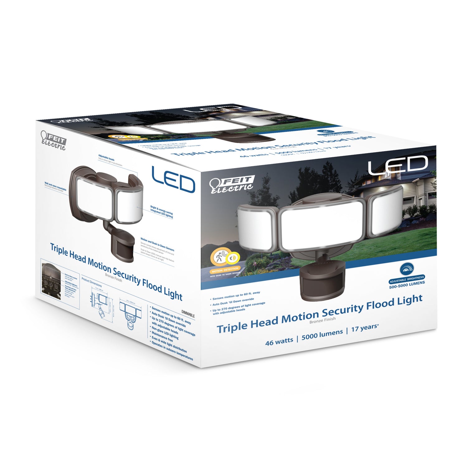 46W Daylight (5000K) Bronze Triple Head Dusk to Dawn Motion Sensor LED Flood Light