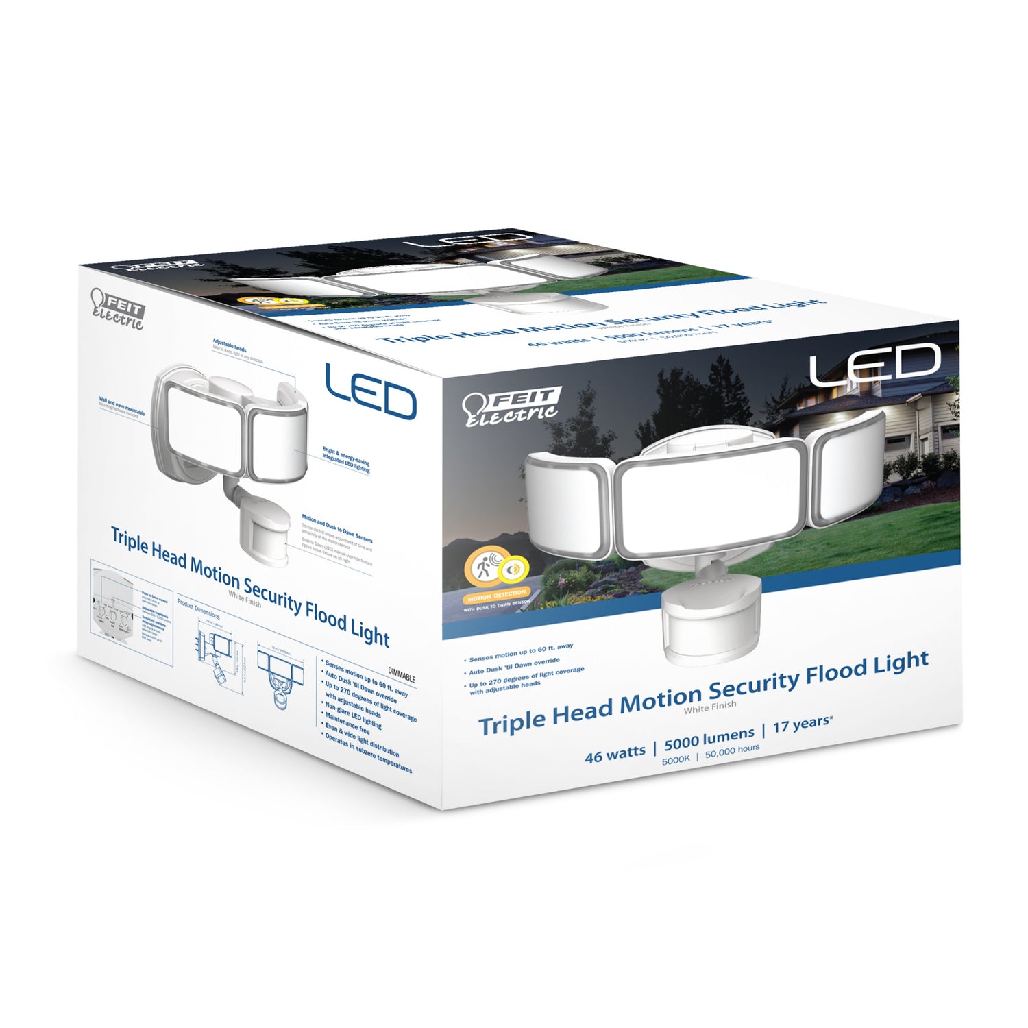 10.5 in. 46W Daylight (5000K) Dimmable White LED Triple Head Motion Security Flood Light