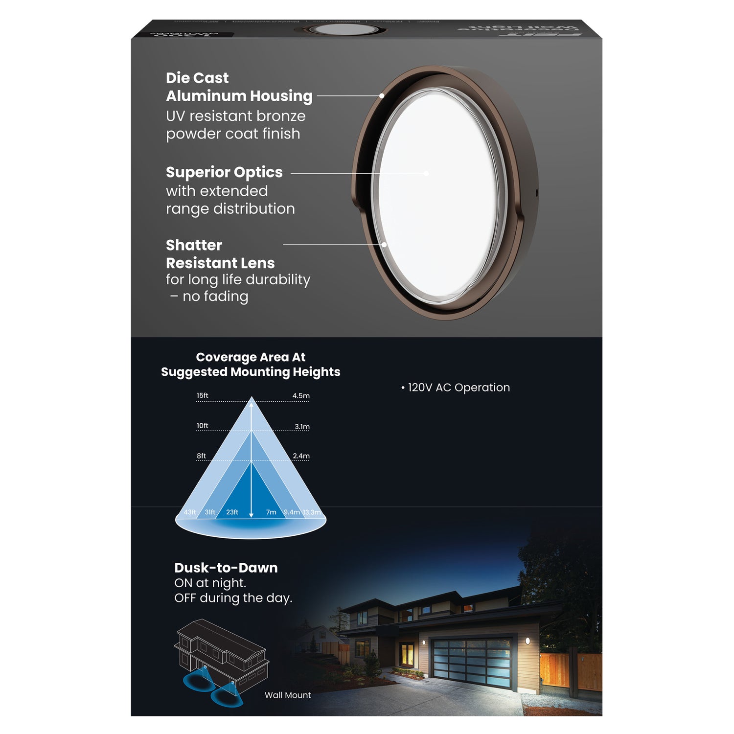 17W 1200 Lumen Adjustable White Dusk to Dawn Oval Outdoor Wall Light, Bronze