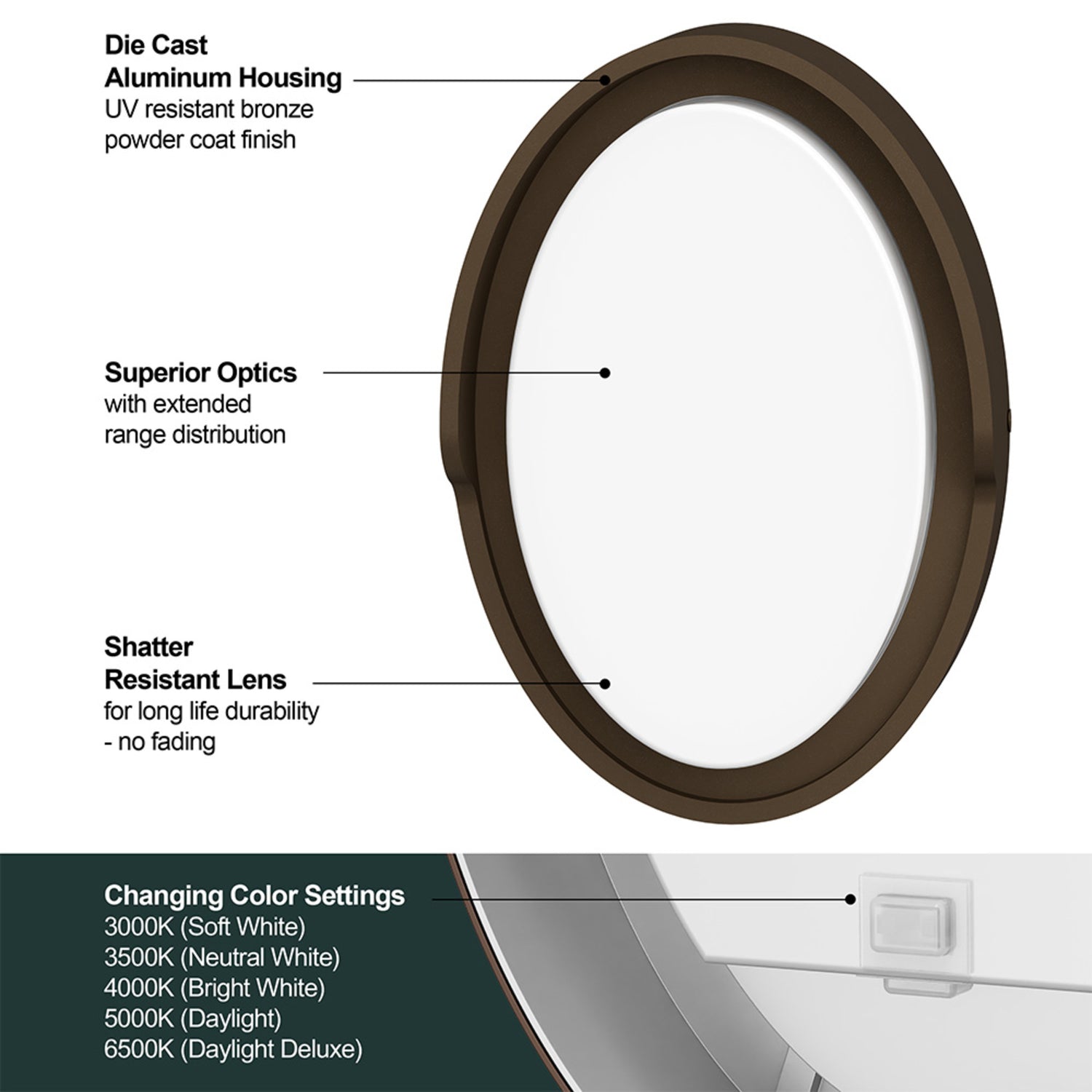 17W 1200 Lumen Adjustable White Dusk to Dawn Oval Outdoor Wall Light, Bronze