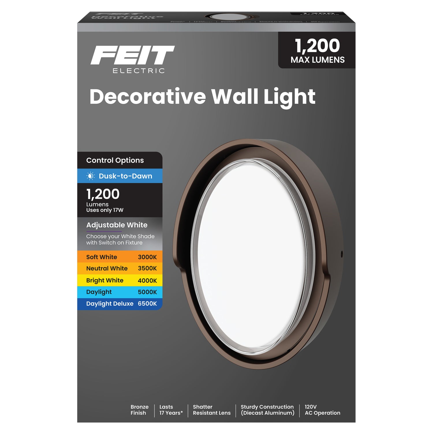 17W 1200 Lumen Adjustable White Dusk to Dawn Oval Outdoor Wall Light, Bronze