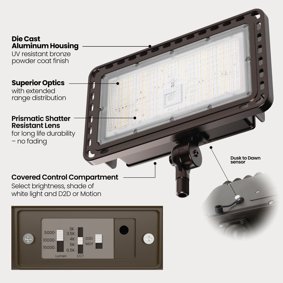 15000/10000/5000 Lumens Adjustable White Commercial Flood Light, Bronze