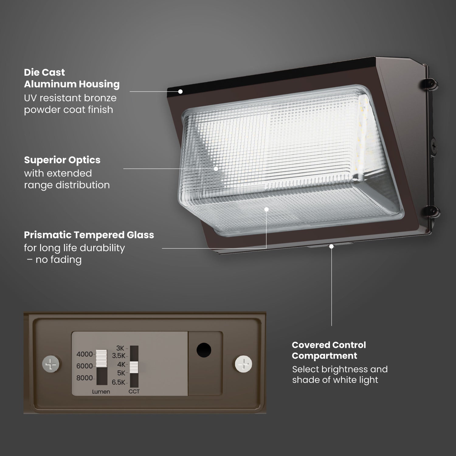 8000/6000/4000 Lumens Adjustable White Commercial Wall Pack Light