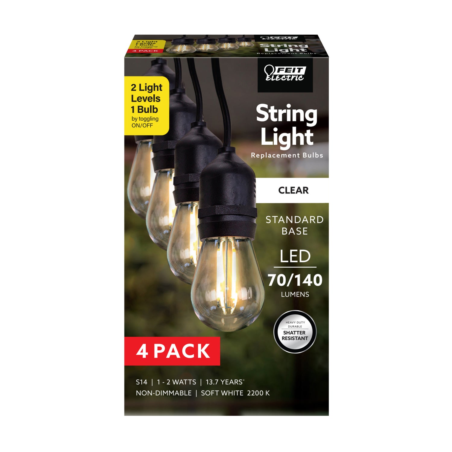 2W Soft White (2200K) S14 E26 Base LED Selectable Output String Light Replacement Bulb (4-Pack)
