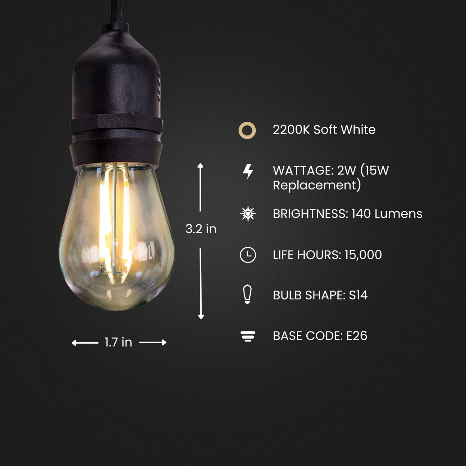 2W Soft White (2200K) S14 E26 Base LED Selectable Output String Light Replacement Bulb (4-Pack)