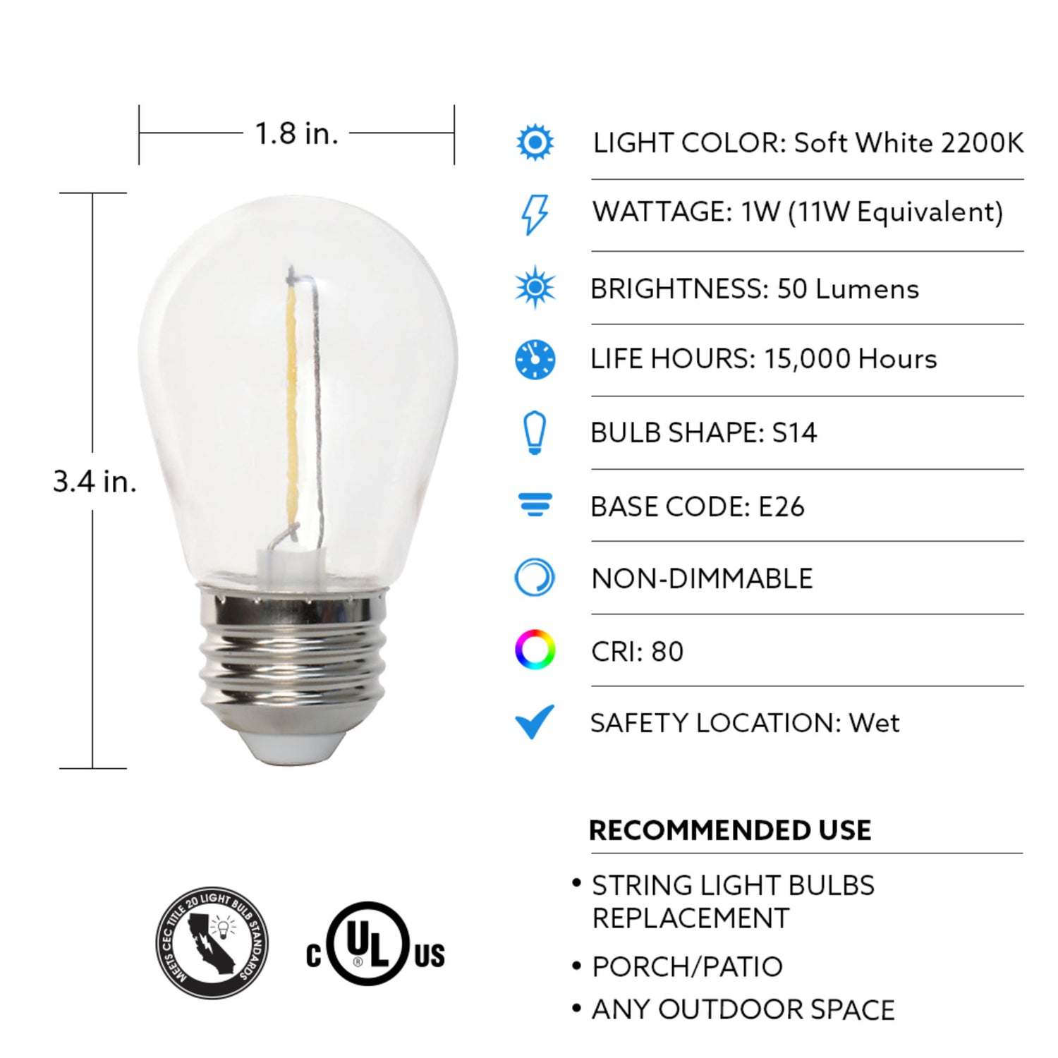1W (11W Replacement) Warm White (2200K) E26 Base S14 Filament LED String Light Bulb Replacement (4-Pack)