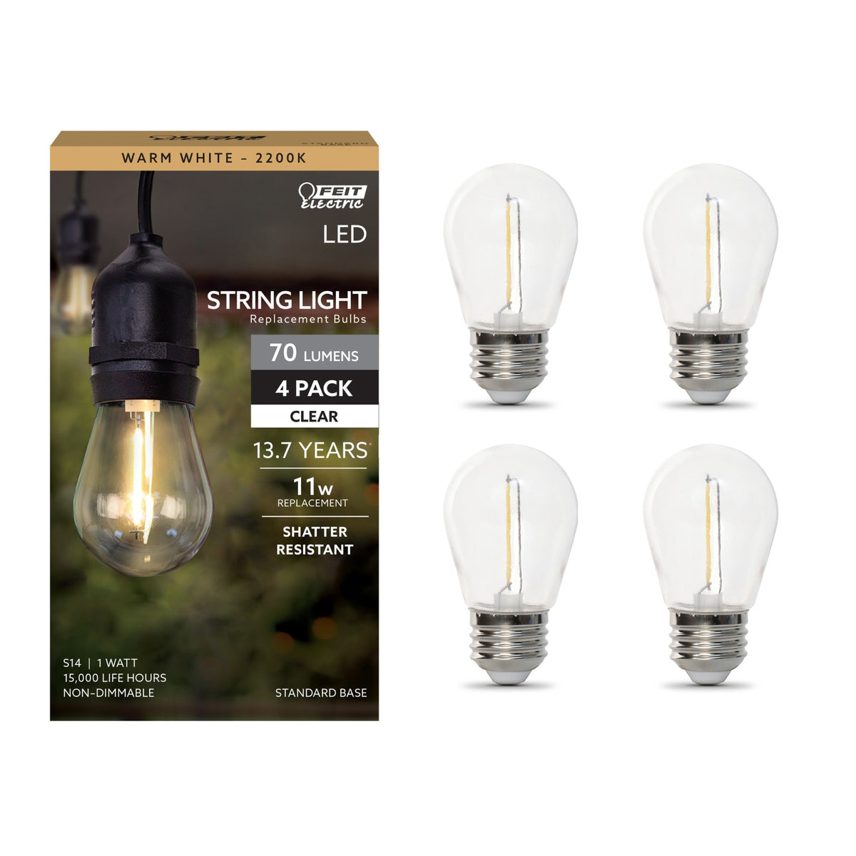 1W (11W Replacement) Warm White (2200K) E26 Base S14 Filament LED String Light Bulb Replacement (4-Pack)
