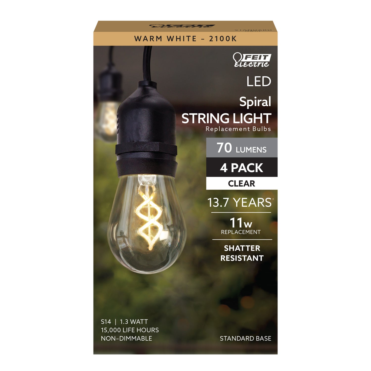 1.3W (11W Equivalent) Warm White (2100K) S14 Base (E26 Replacement) LED Spiral Filament String Light Bulb Replacement (4-Pack)