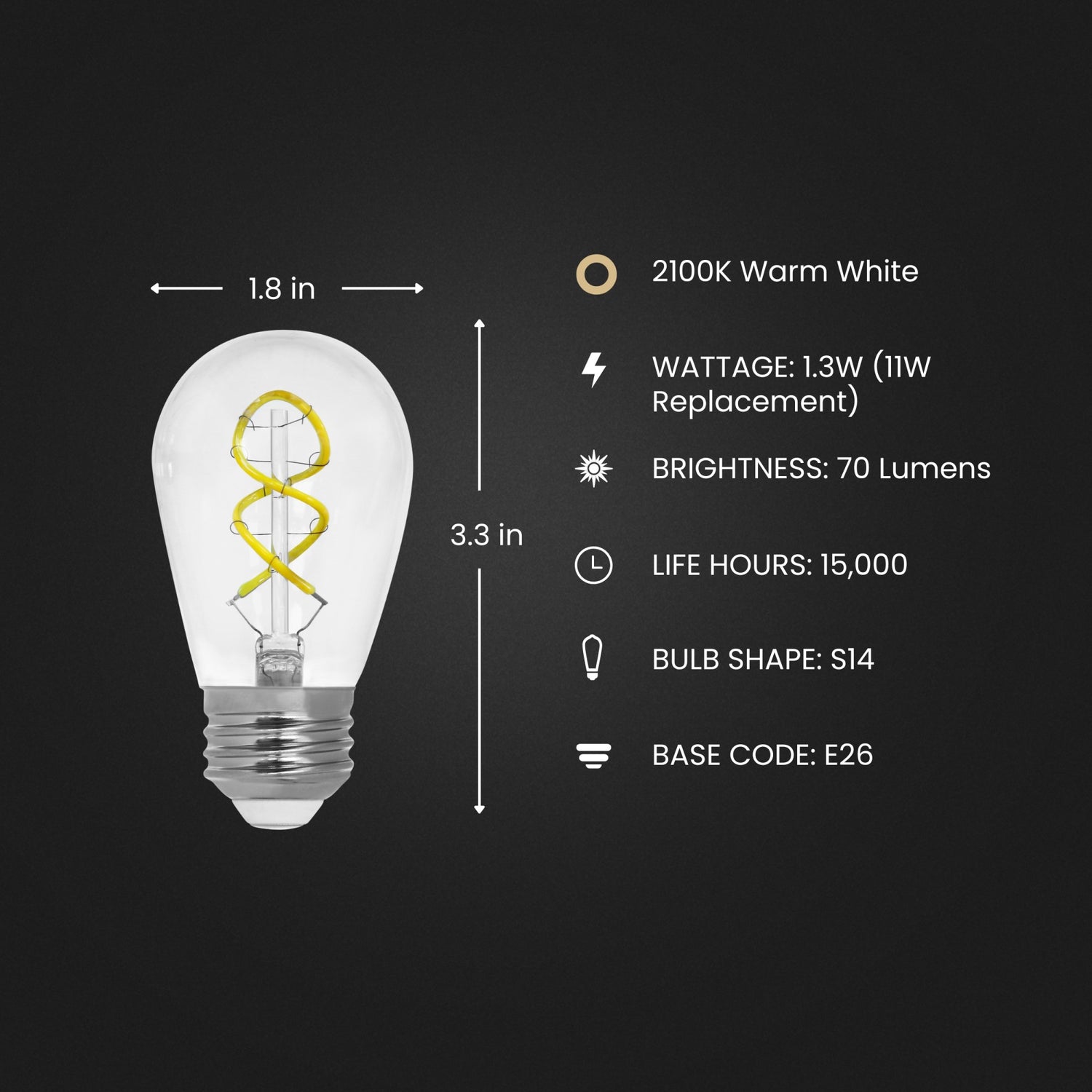 1.3W (11W Equivalent) Warm White (2100K) S14 Base (E26 Replacement) LED Spiral Filament String Light Bulb Replacement (4-Pack)