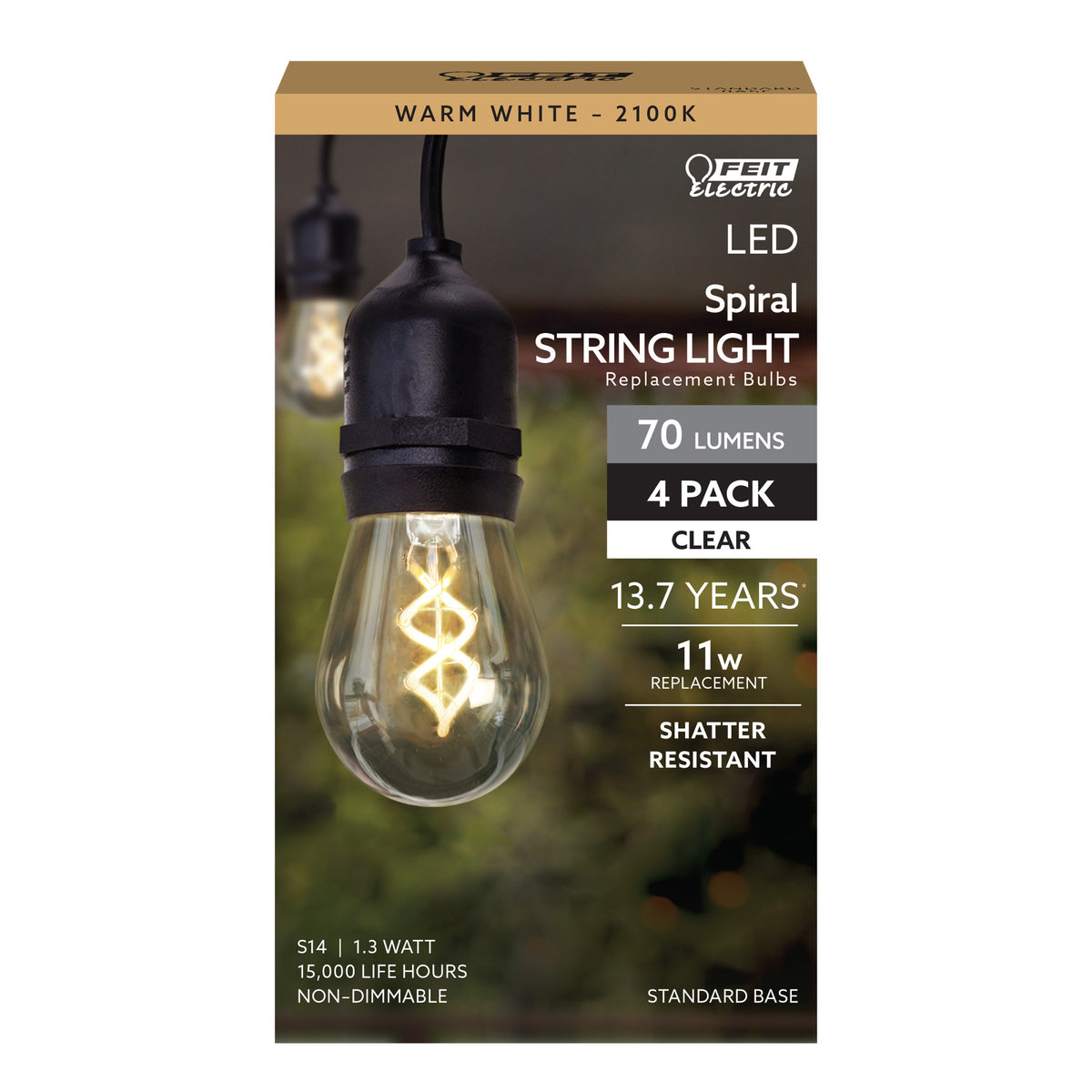 1.3W (11W Equivalent) Warm White (2100K) S14 Base (E26 Replacement) LED Spiral Filament String Light Bulb Replacement (4-Pack)
