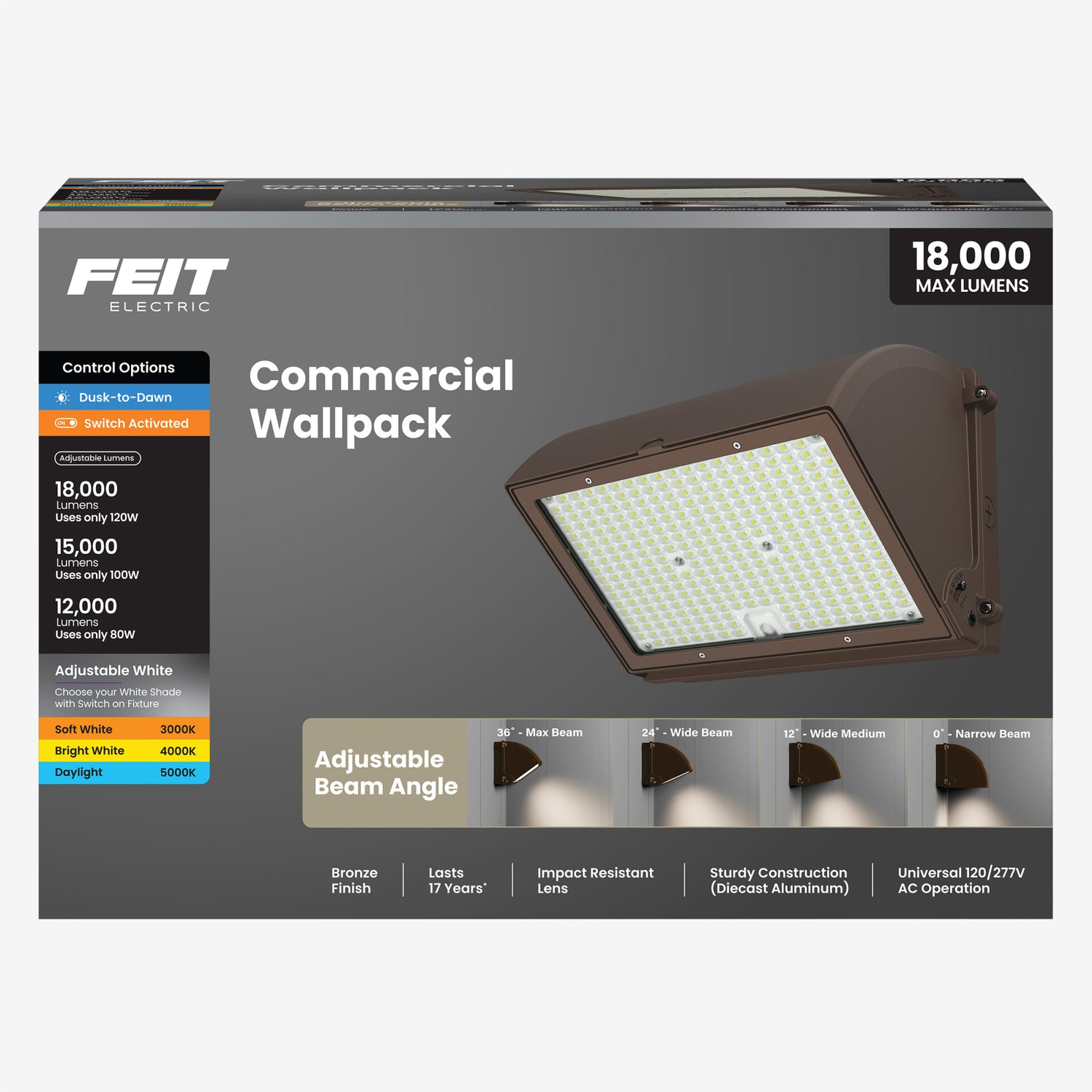 18,000 Max Selectable Lumen 3CCT Adjustable White Beam Angle Adjustable Bronze Wall Pack Light