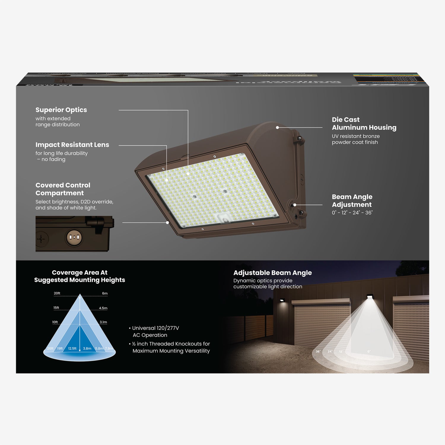 18,000 Max Selectable Lumen 3CCT Adjustable White Beam Angle Adjustable Bronze Wall Pack Light