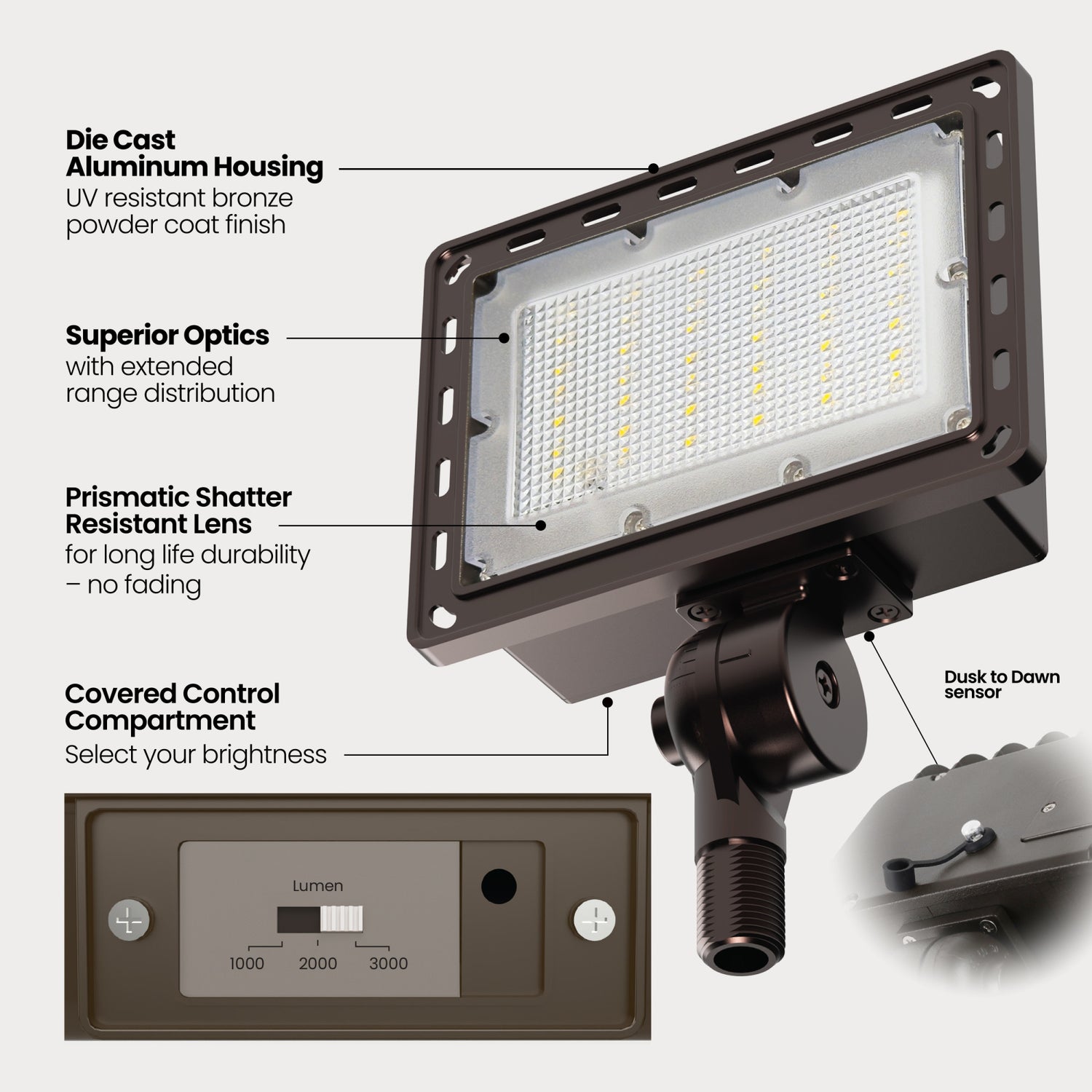 3000/2000/1000 Lumens Bright White (4000K) Commercial Flood Light, Bronze