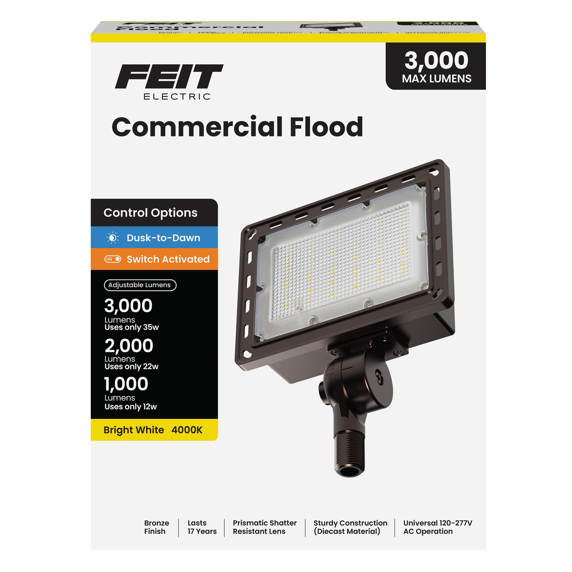 3000/2000/1000 Lumens Bright White (4000K) Commercial Flood Light
