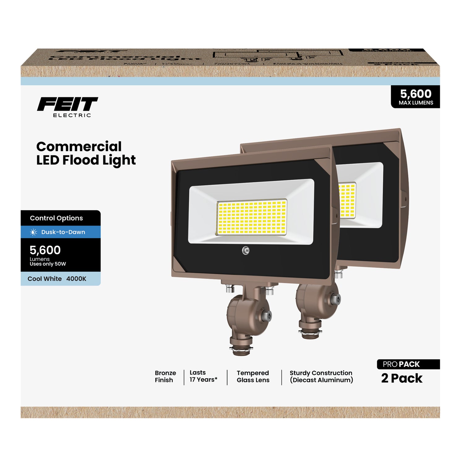 50W Cool White 4000K 5600 Lumens Bronze LED Flood Light (2-Pack)