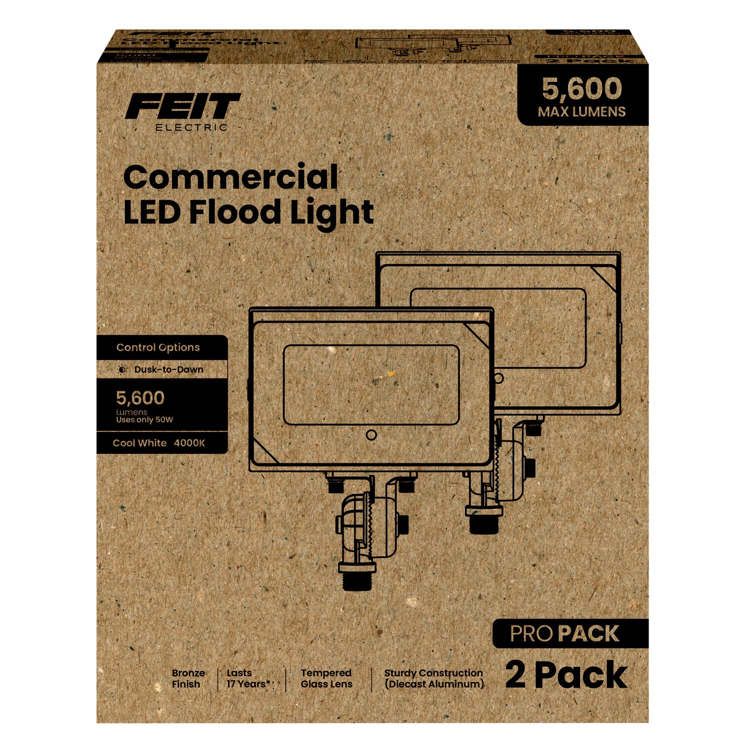 50W Cool White 4000K 5600 Lumens Bronze LED Flood Light (2-Pack)