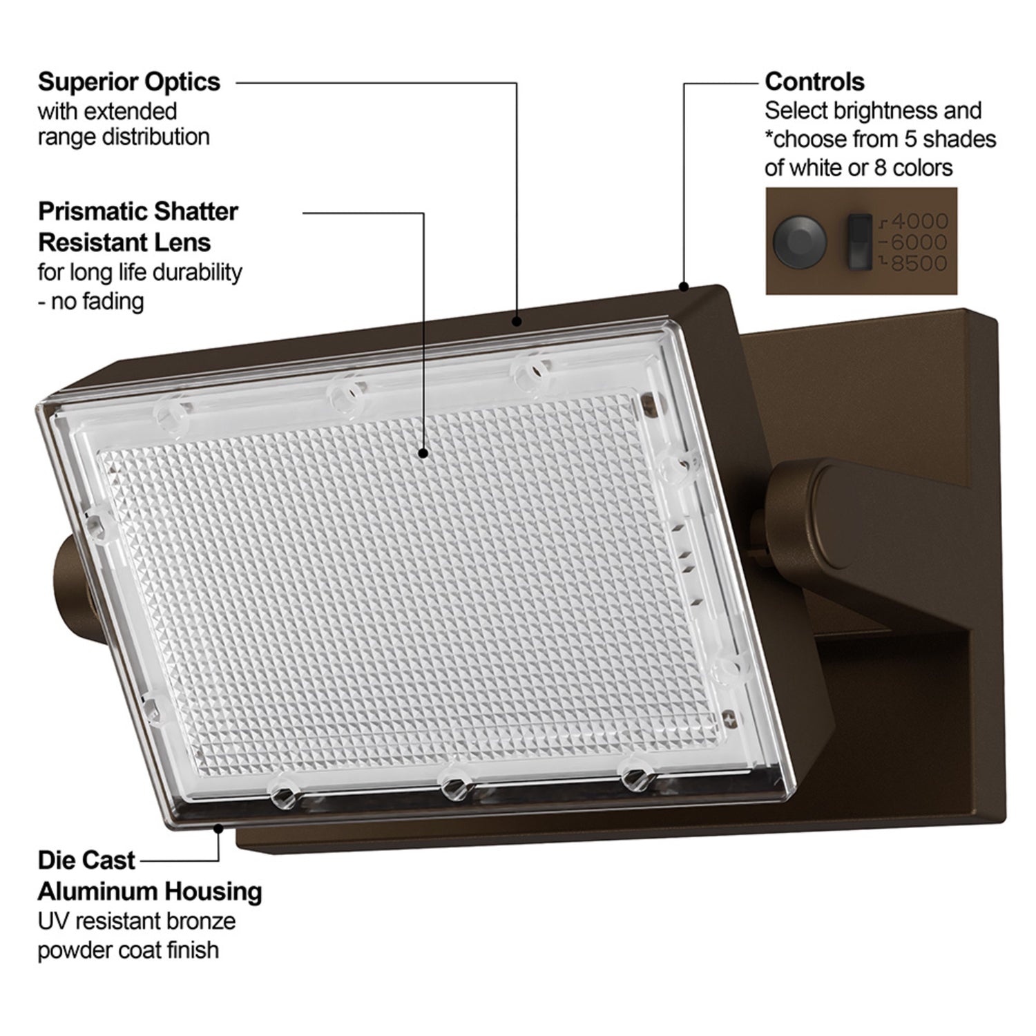 8500 Lumen Adjustable White + Color Changing Swivel Wall Flood Light with Lumen Select and Remote
