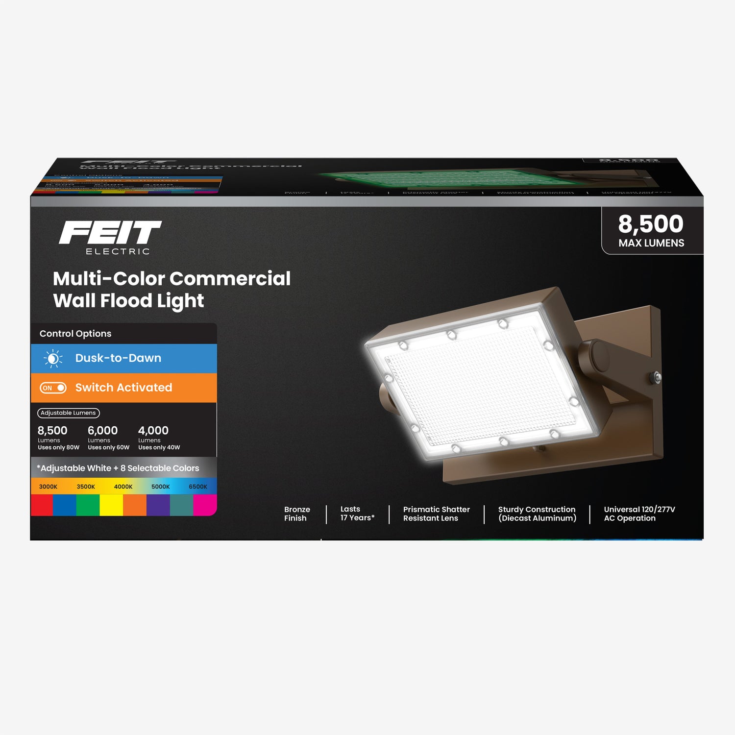 8500 Lumen Adjustable White + Color Changing Swivel Wall Flood Light with Lumen Select and Remote