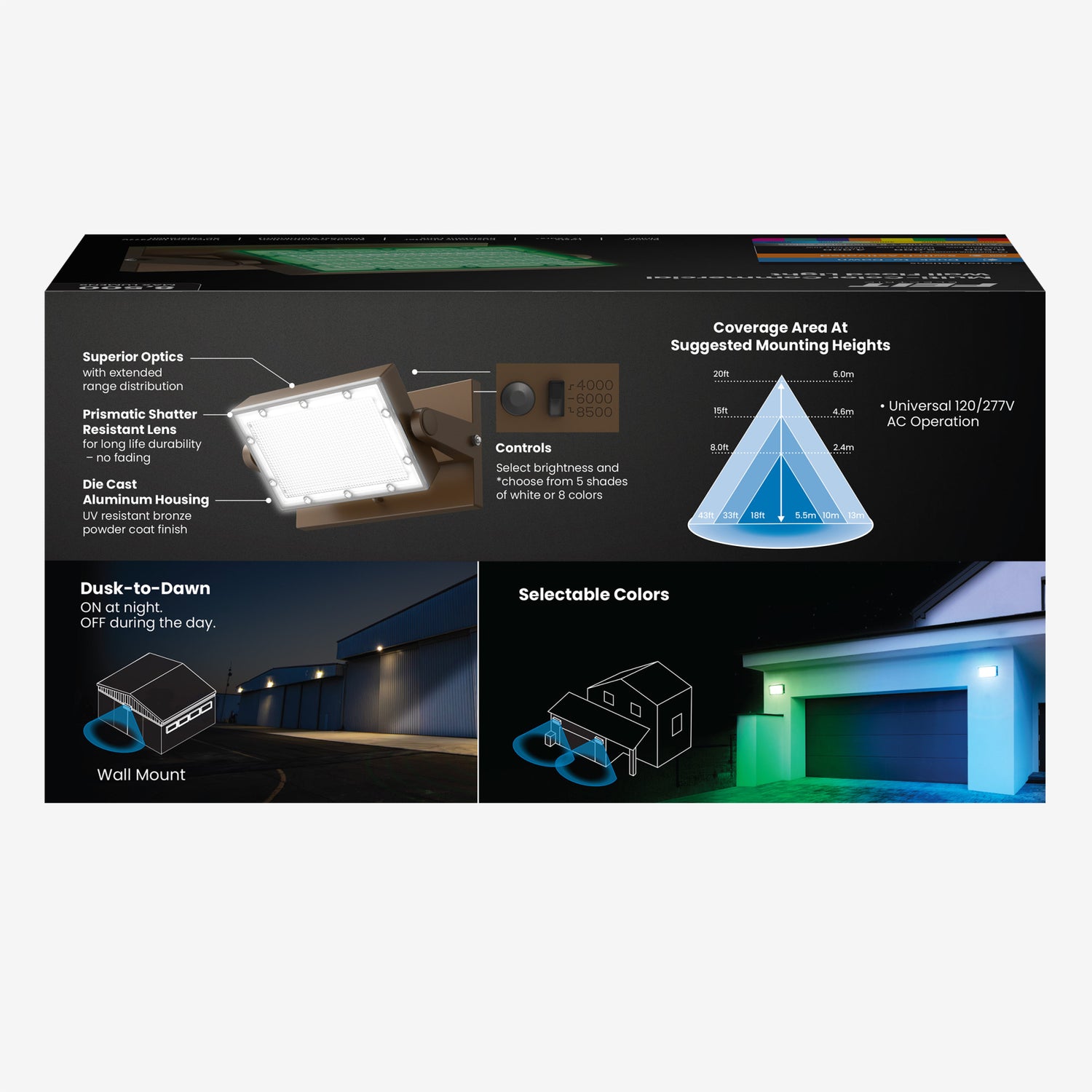 8500 Lumen Adjustable White + Color Changing Swivel Wall Flood Light with Lumen Select and Remote