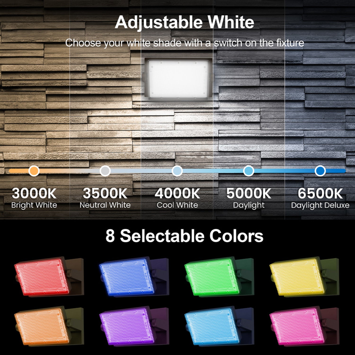 8500 Lumen Adjustable White + Color Changing Swivel Wall Flood Light with Lumen Select and Remote
