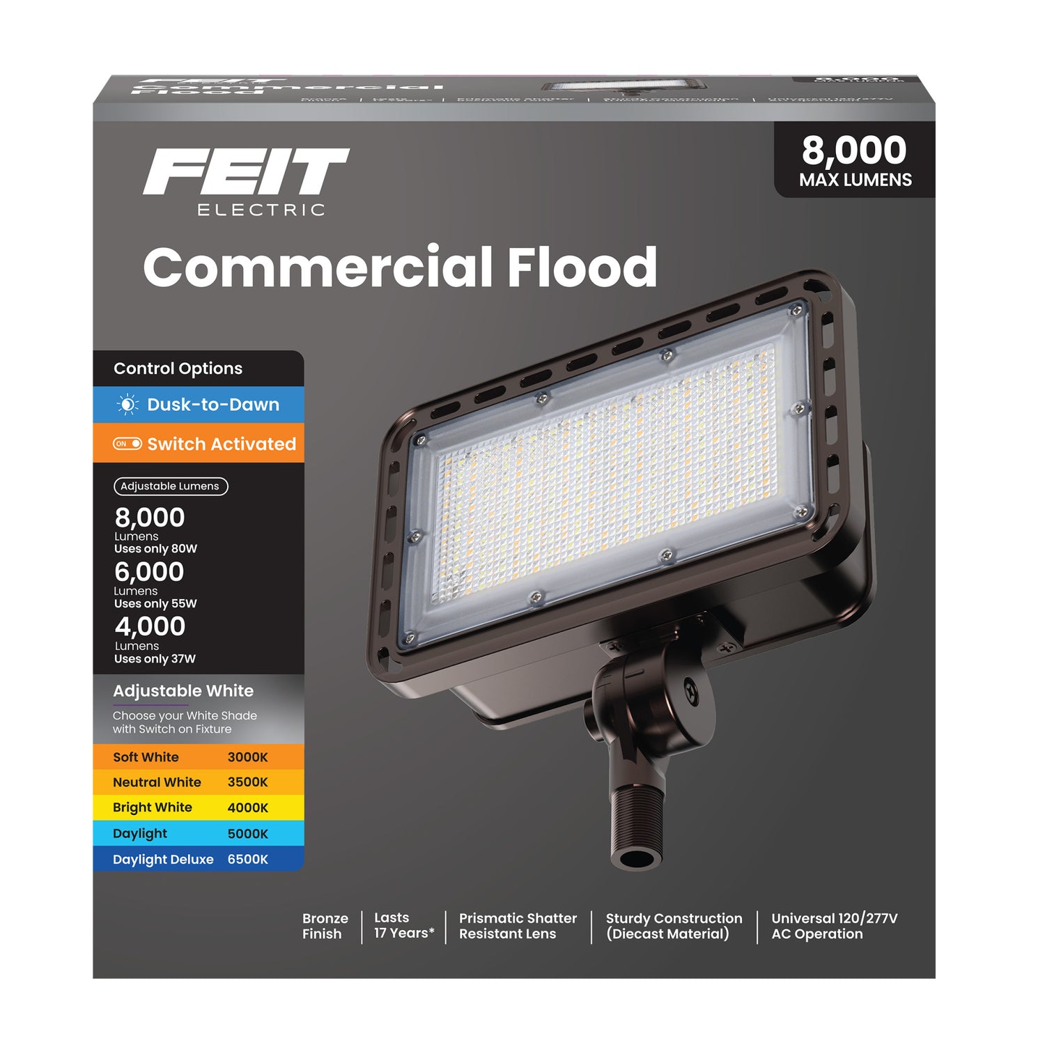8000/6000/4000 Lumens Adjustable White Commercial Flood Light, Bronze