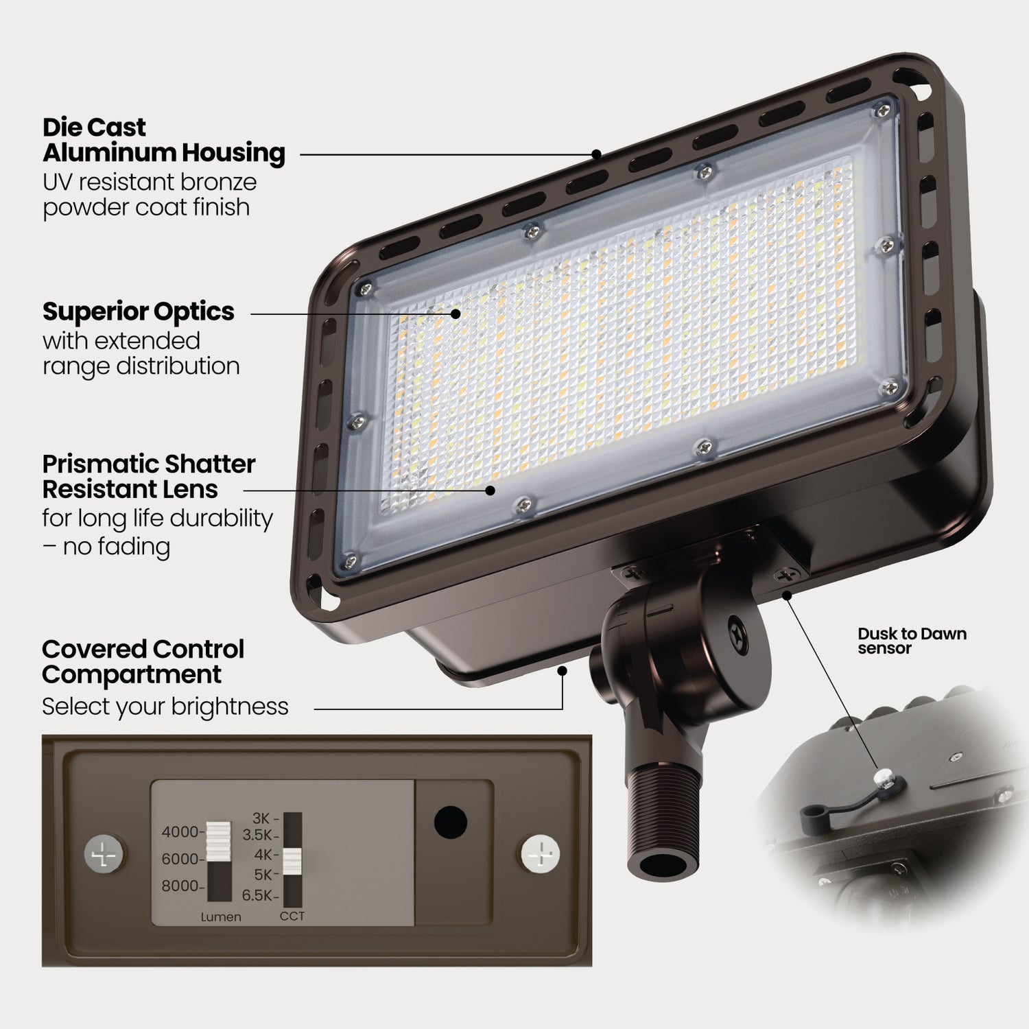 8000/6000/4000 Lumens Adjustable White Commercial Flood Light, Bronze