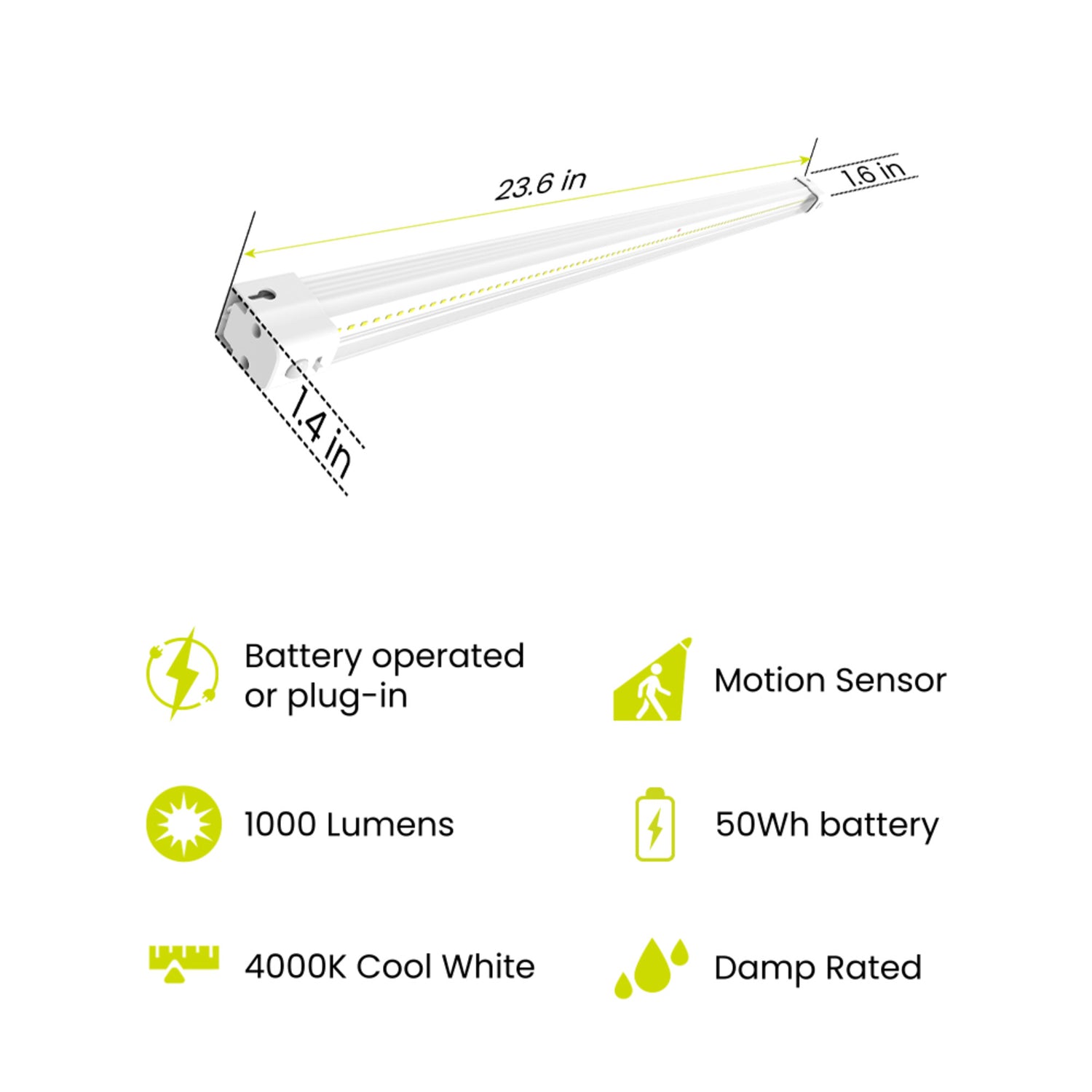 2 ft. 50 Wh Rechargeable Battery Motion Sensing Shop Light