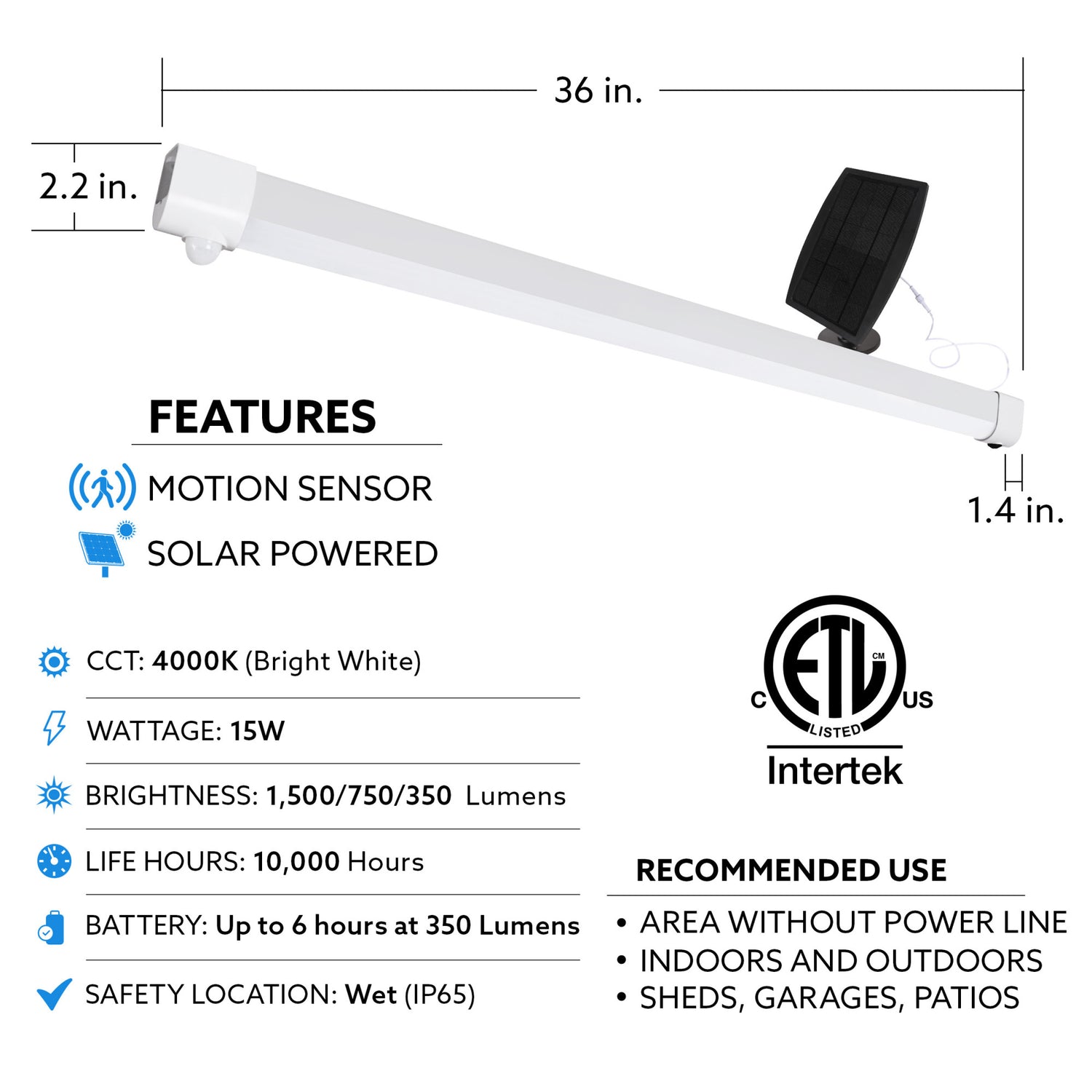 3 ft. 15W Cool White (4000k) Solar LED Shoplight with Motion Sensor