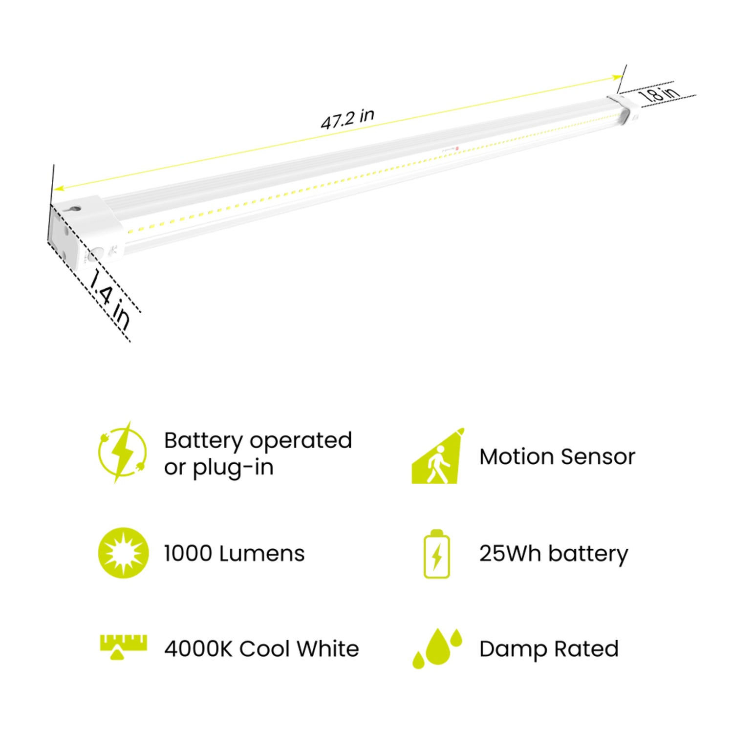 4 ft. 25W Rechargeable Battery Motion Sensing Shop Light