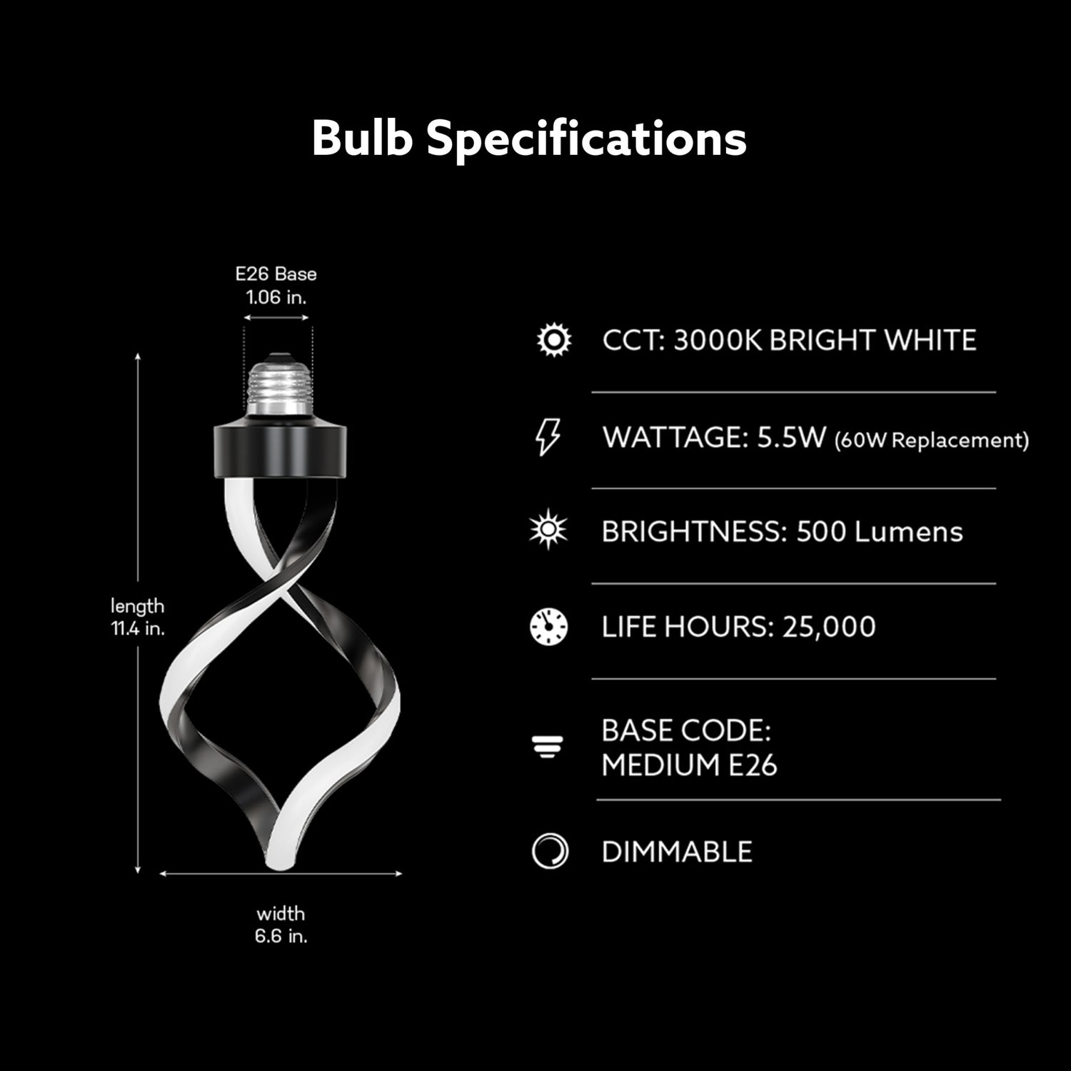 5.5W (40W Replacement) Bright White (3000K) Black LED Helix Bulb