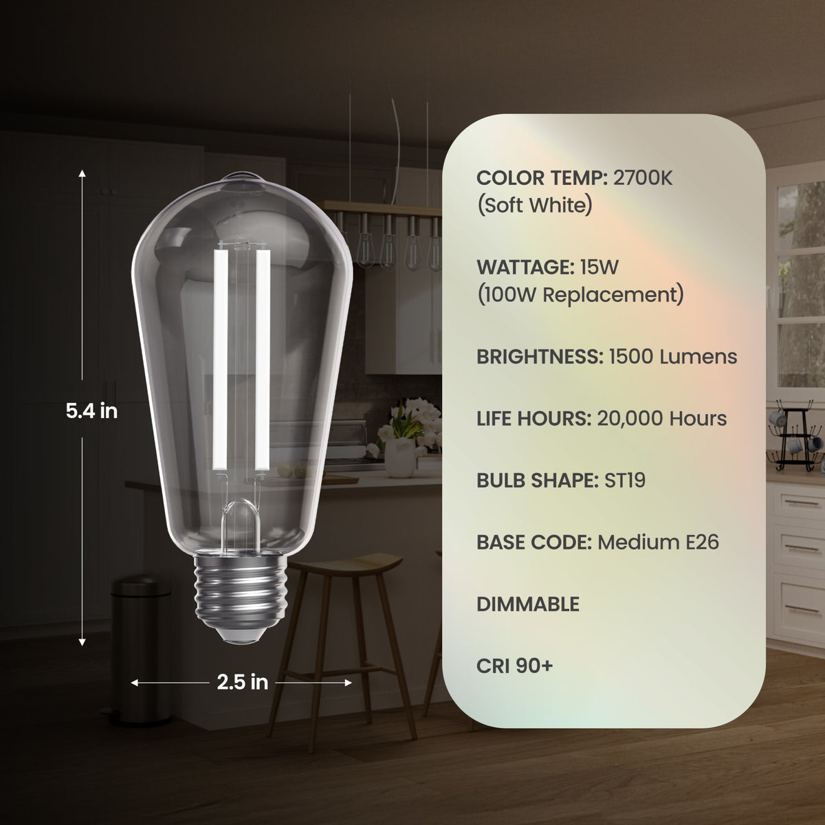 15W (100W Replacement) ST19 E26 Dimmable Designer White Filament Edison Light Bulb, Soft White (2-Pack)