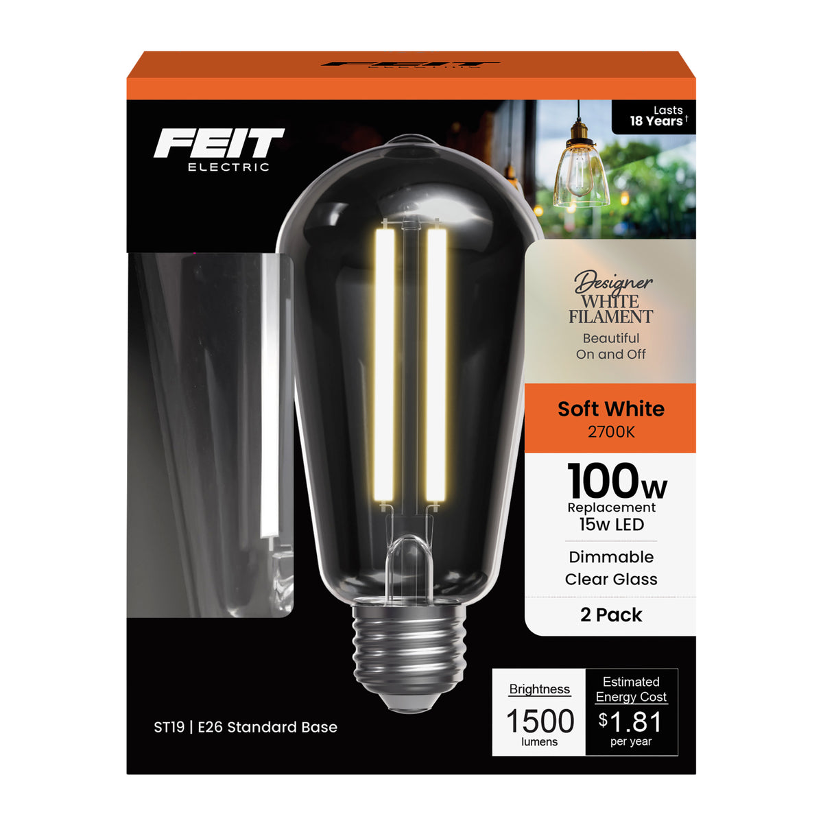 15W (100W Replacement) ST19 E26 Dimmable Designer White Filament Edison Light Bulb, Soft White (2-Pack)