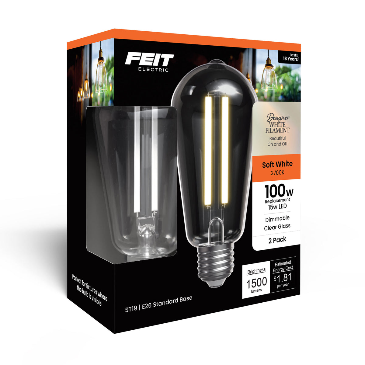 15W (100W Replacement) ST19 E26 Dimmable Designer White Filament Edison Light Bulb, Soft White (2-Pack)