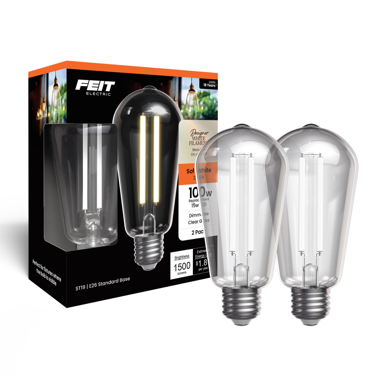 15W (100W Replacement) ST19 E26 Dimmable Designer White Filament Edison Light Bulb, Soft White (2-Pack)