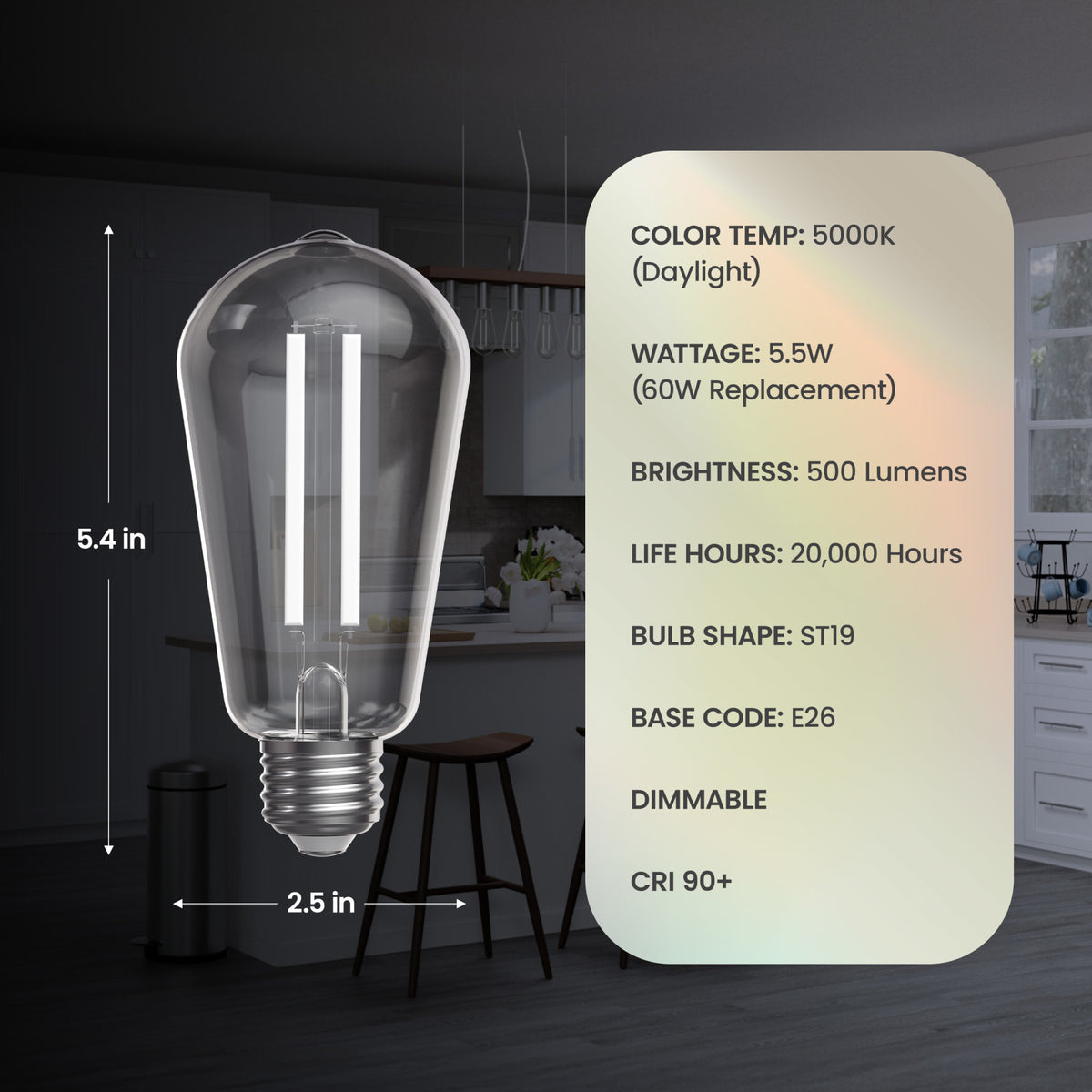15W (100W Replacement) ST19 E26 Dimmable Designer White Filament Edison LED Bulb, Daylight (2-Pack)